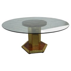 60" Henredon Round Brass Burl Wood Glass Top Center Dining Table hold