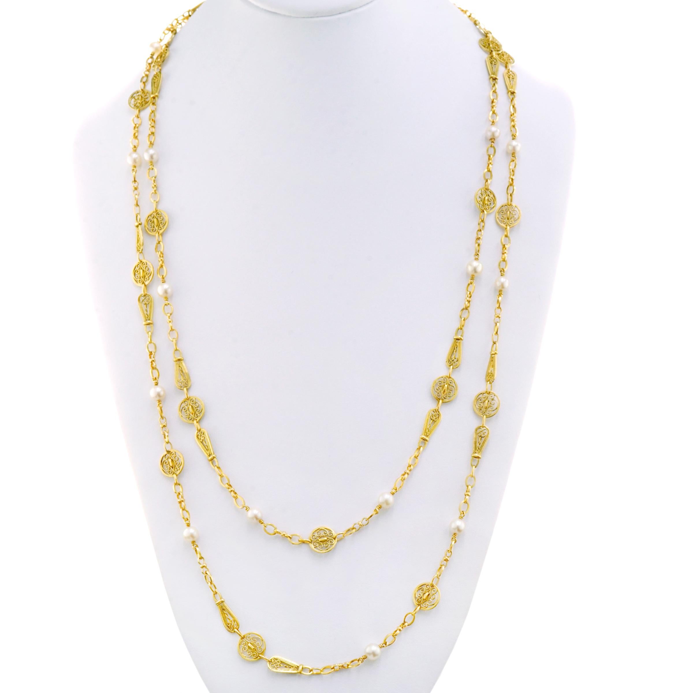 60 Zoll antike Perle gesetzt Gold filigrane Halskette (Rundschliff)