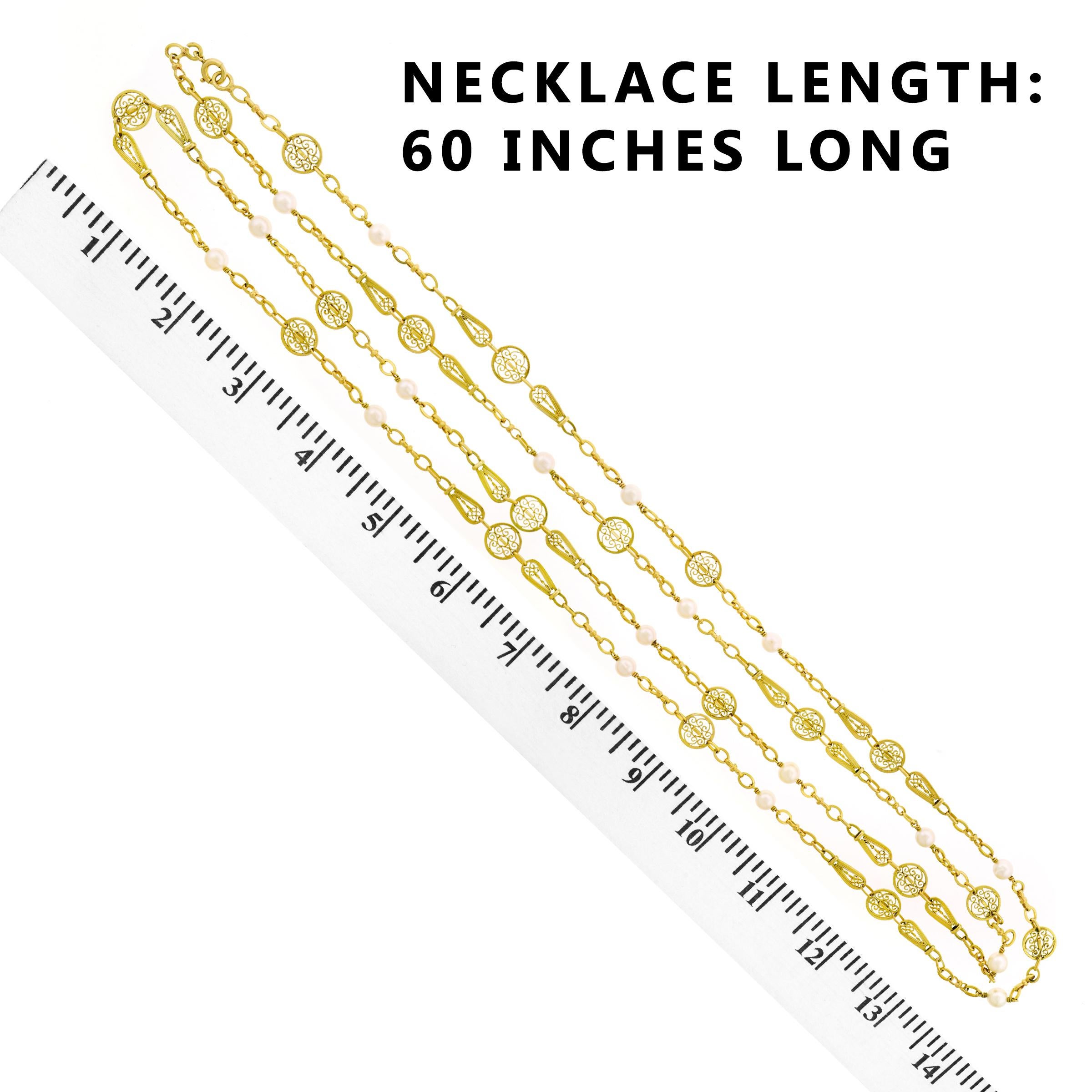 Collier de 60 pouces en filigrane d'or serti de perles antiques 1