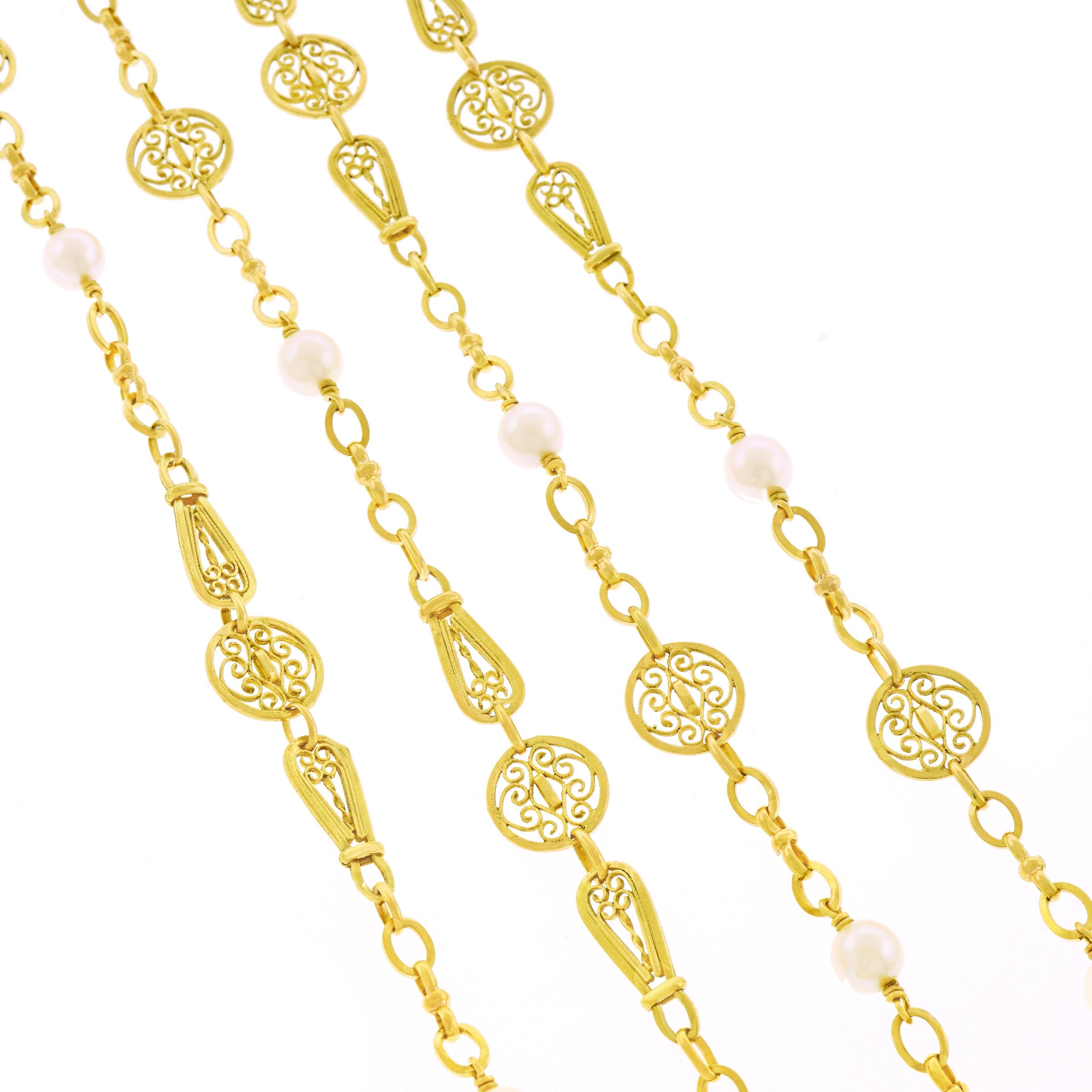 Collier de 60 pouces en filigrane d'or serti de perles antiques 2