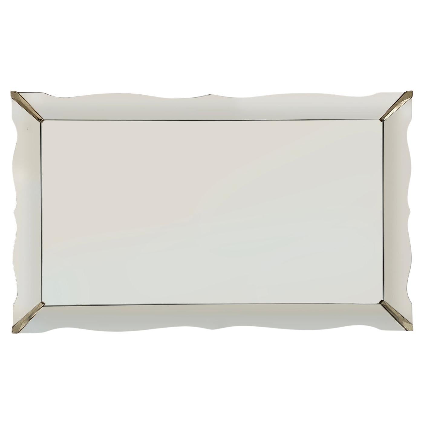 60" Italian Mid Century Beveled Wall Mirror with Brass Details
