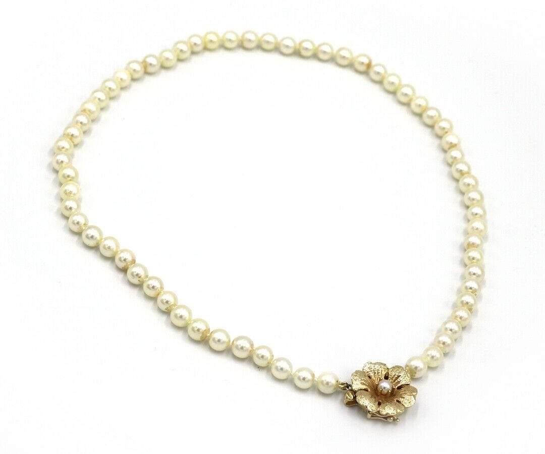 6.0 MM Cultured Akoya Pearl Strand Flower Clasp Necklace in 14K

Cultured Akoya Pearl Strand Flower Clasp Necklace
14K Yellow Gold
Pearl Sizes: Approx. 6.0 MM
Necklace Length: Approx. 16.0 Inches
Weight: Approx. 21.40 Grams
Stamped: