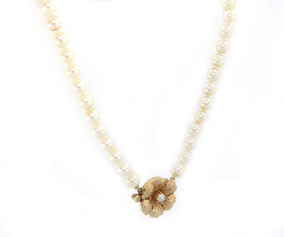 Round Cut Cultured Akoya Pearl Strand Flower Clasp Necklace in 14K Yellow Gold
