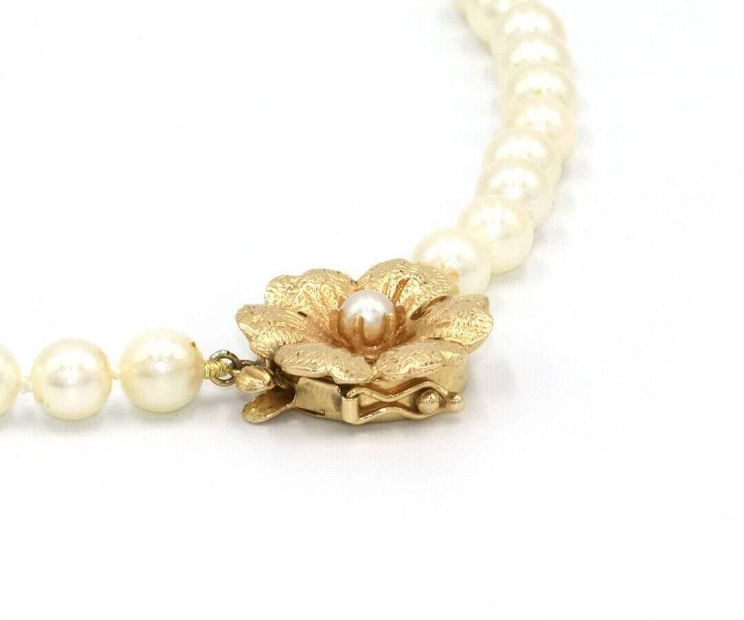 Cultured Akoya Pearl Strand Flower Clasp Necklace in 14K Yellow Gold In Excellent Condition In Vienna, VA