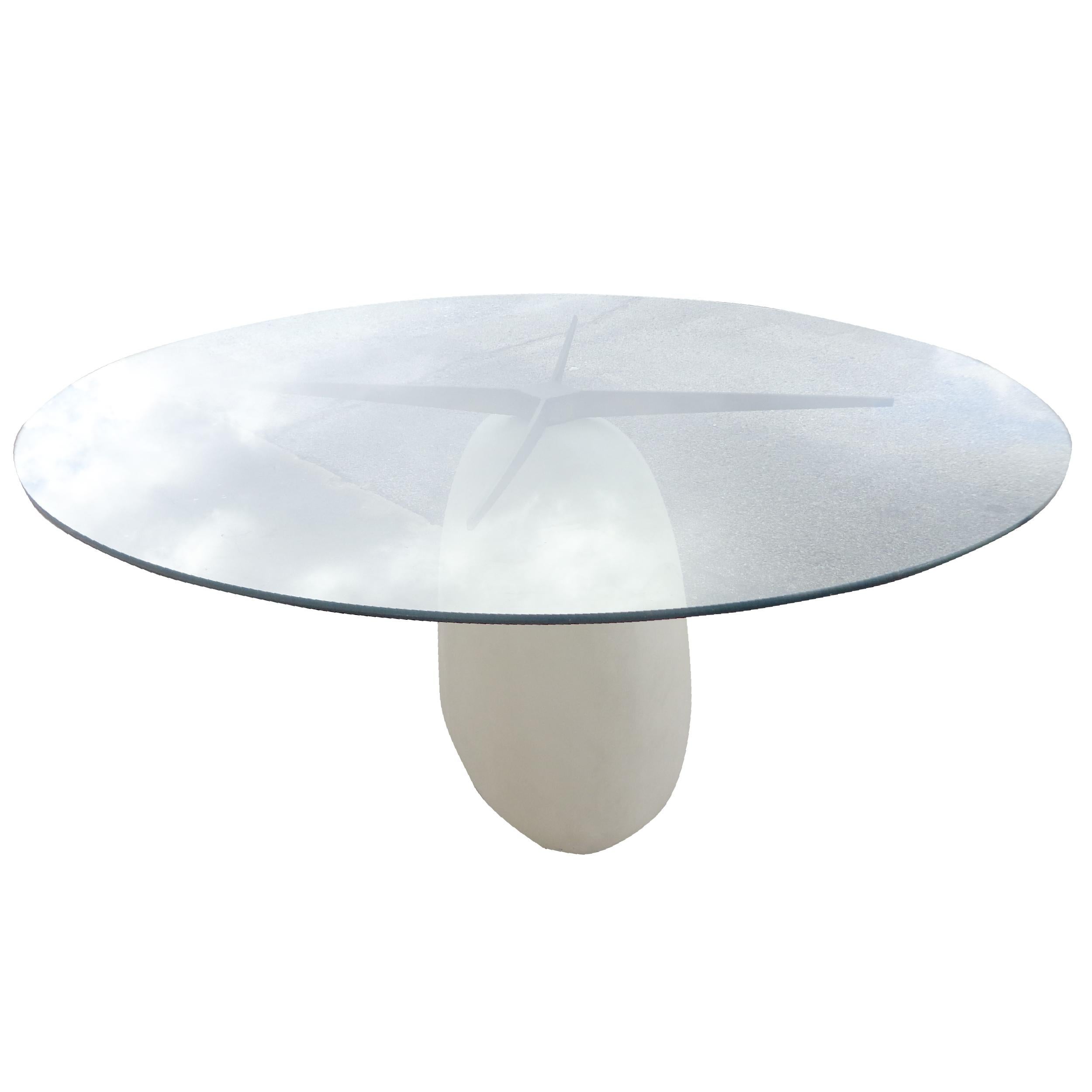 Minimalist Modern Sculptural Cast Composition Base with Glass Top Dining Table