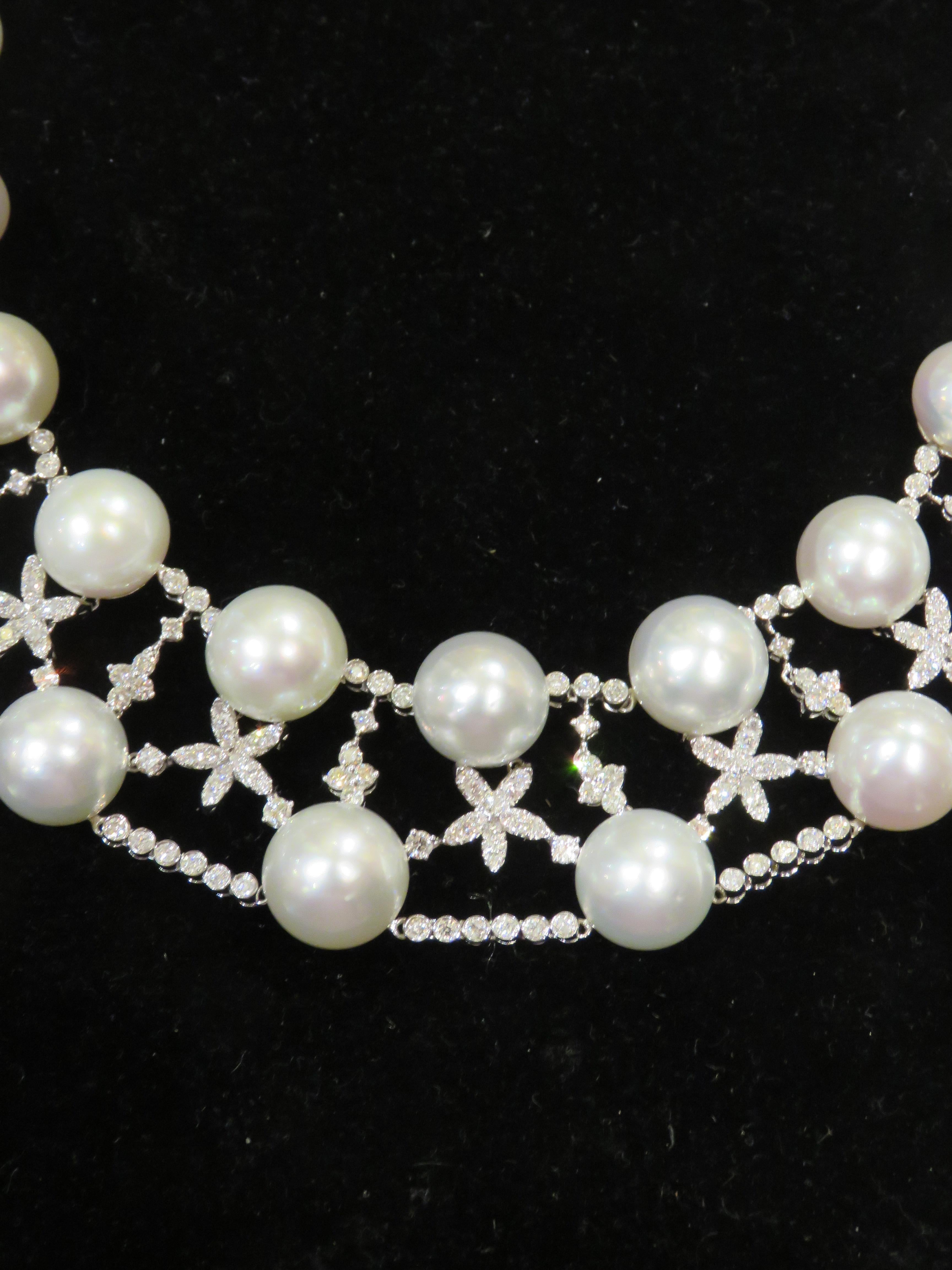 Round Cut $78, 000 GAL Certified 18KT Gold AA-AAA Large South Sea Pearl Diamond Necklace For Sale