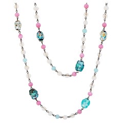 60" Pastel Pink & Blue Foil Murano Glass Bead Necklace, 1960s