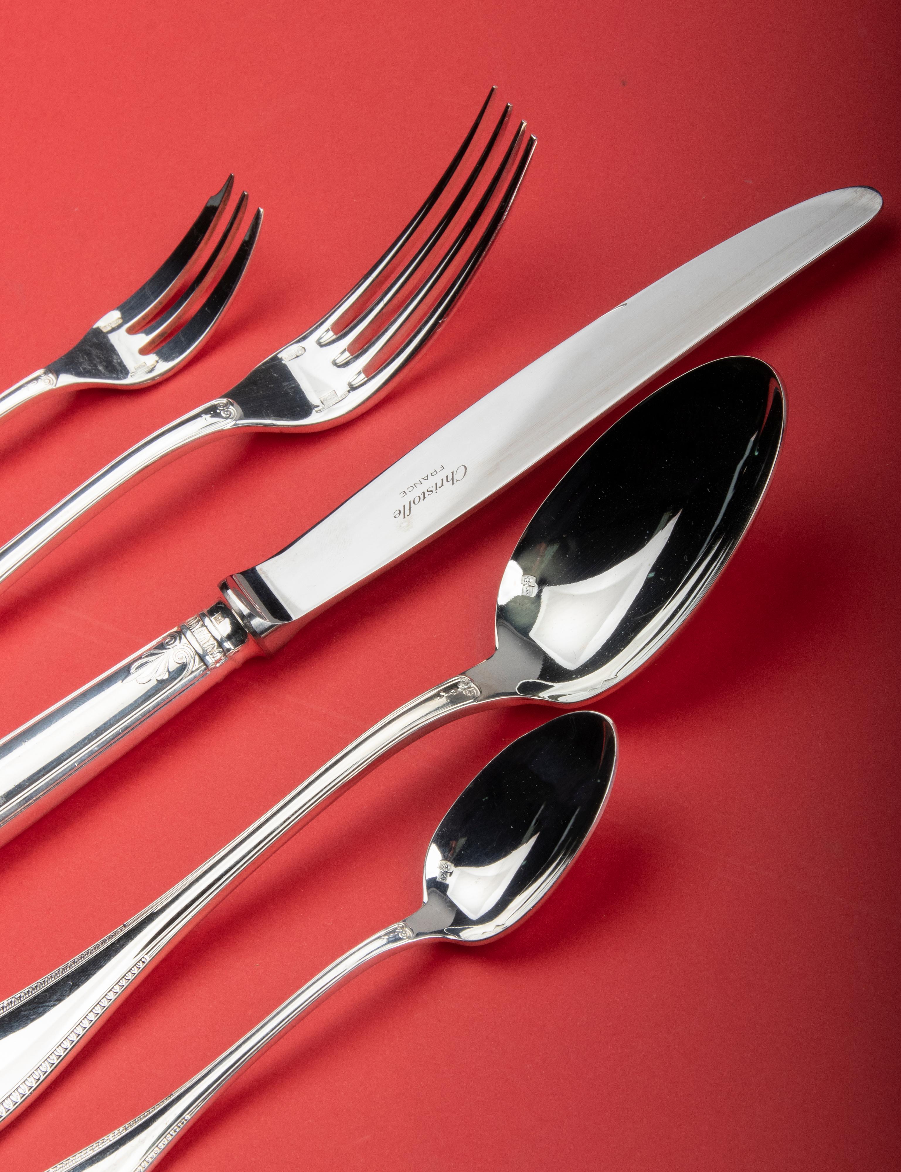 60-Piece Set of Silver-Plated Flatware for 12 Made by Christofle, Malmaison 3
