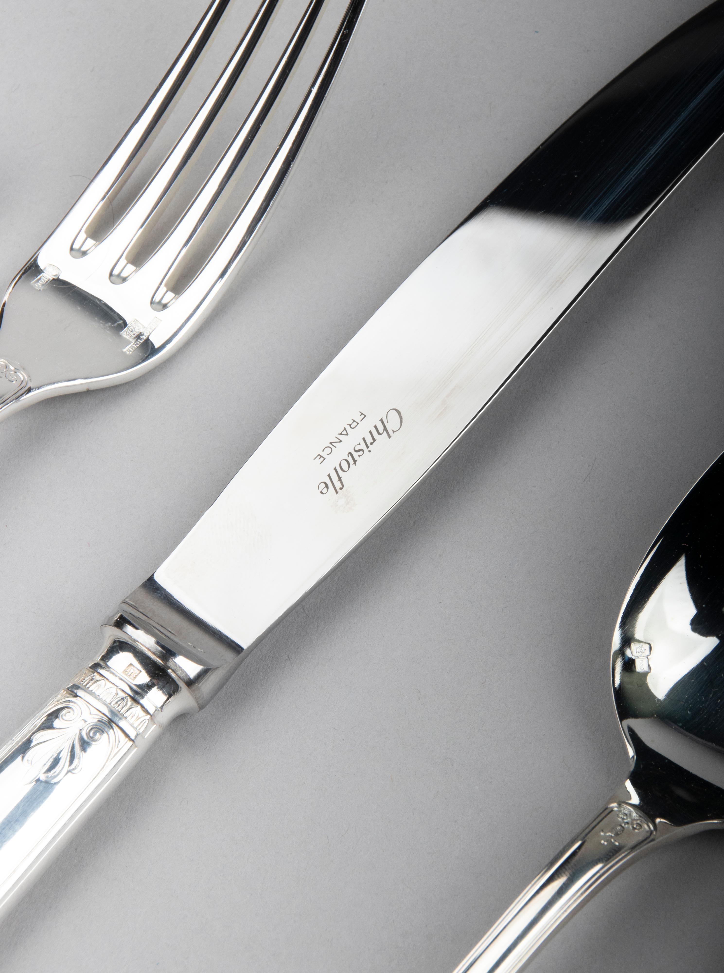 60-Piece Set of Silver-Plated Flatware for 12 Made by Christofle, Malmaison In Good Condition In Casteren, Noord-Brabant