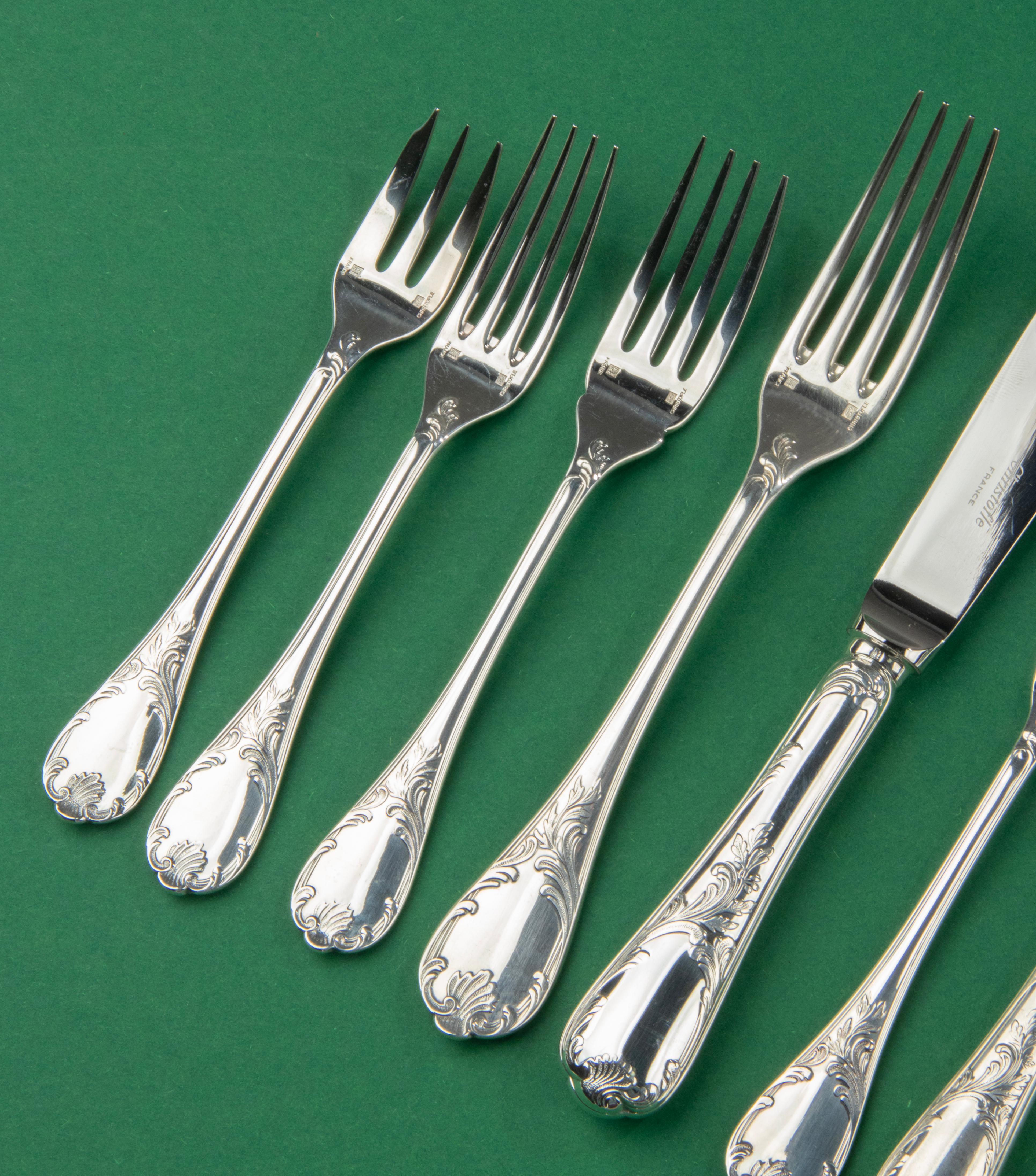 French 60-Piece Set Silver Plated Flatware - Christofle France - Model Marly
