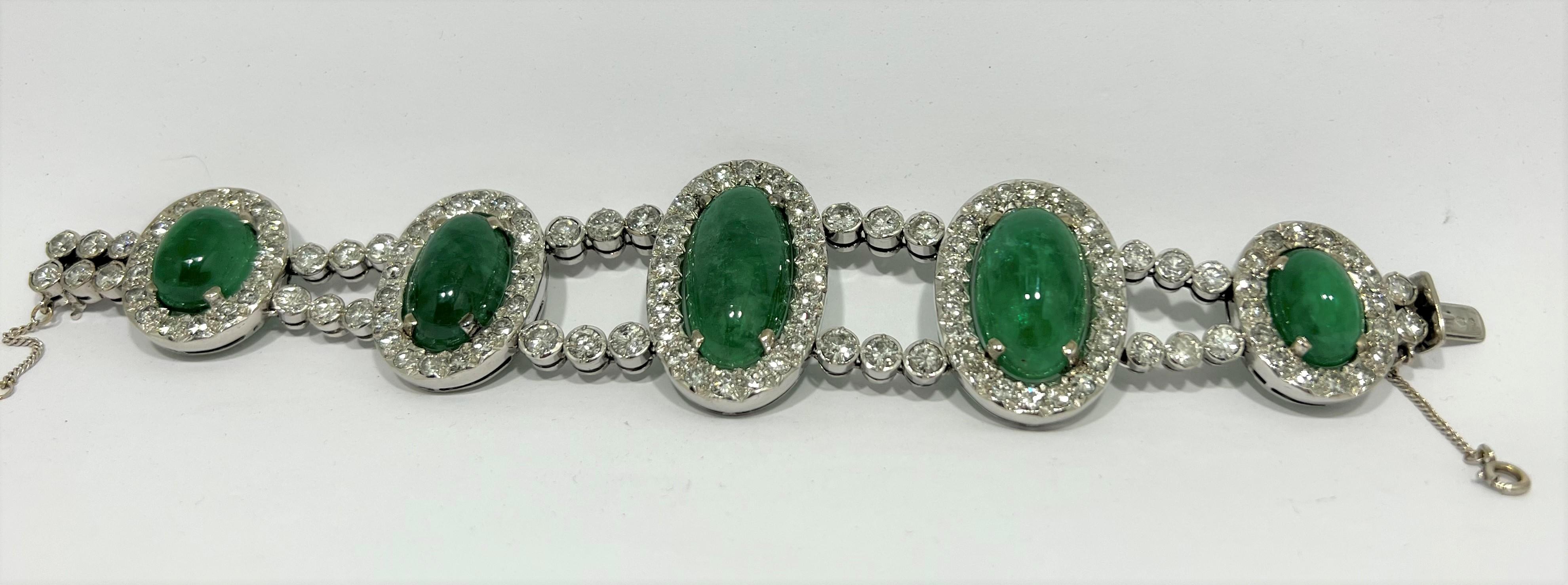 Artisan 60's Colombian Cabouchon 70ct Emerald Bracelet in 18k Gold and Diamonds