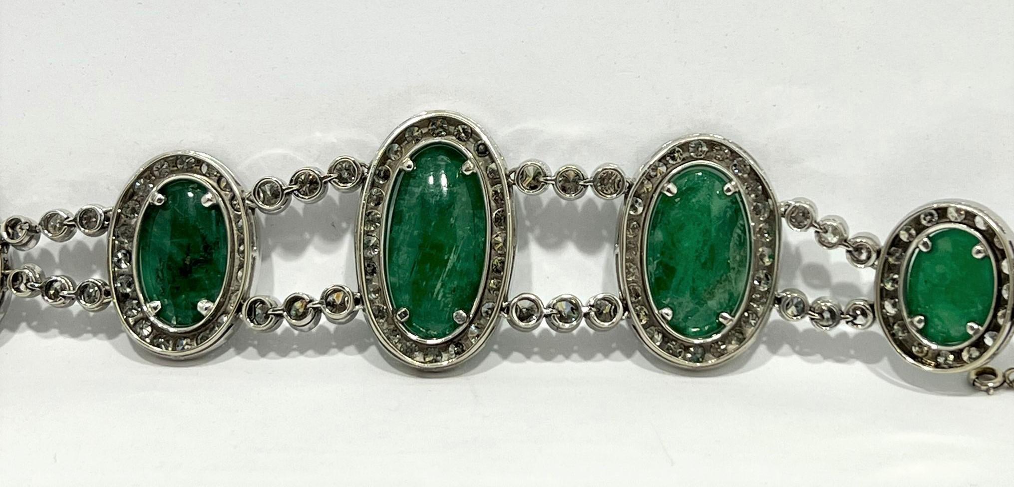 Tapered Baguette 60's Colombian Cabouchon 70ct Emerald Bracelet in 18k Gold and Diamonds