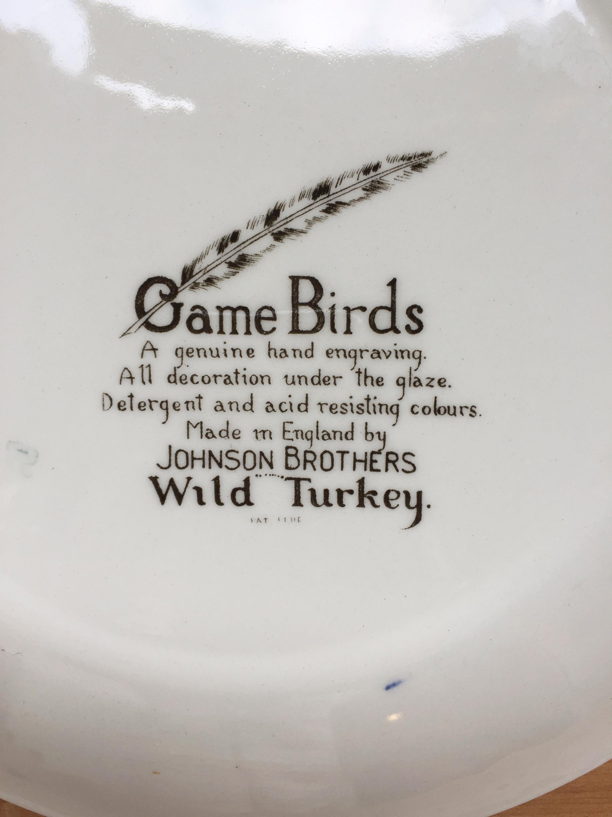Fantastic oval porcelain English plate, wild turkey painted by hand.
From the early 1960s
Johnson Brothers has been producing beautiful tableware since 1883. 
The Game Birds were produced from 1953-1976, and the plate that we are offering must be