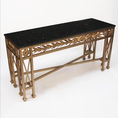 Vintage Neoclassical Gilded Golden Wrought Iron Marble-Top Console Table
