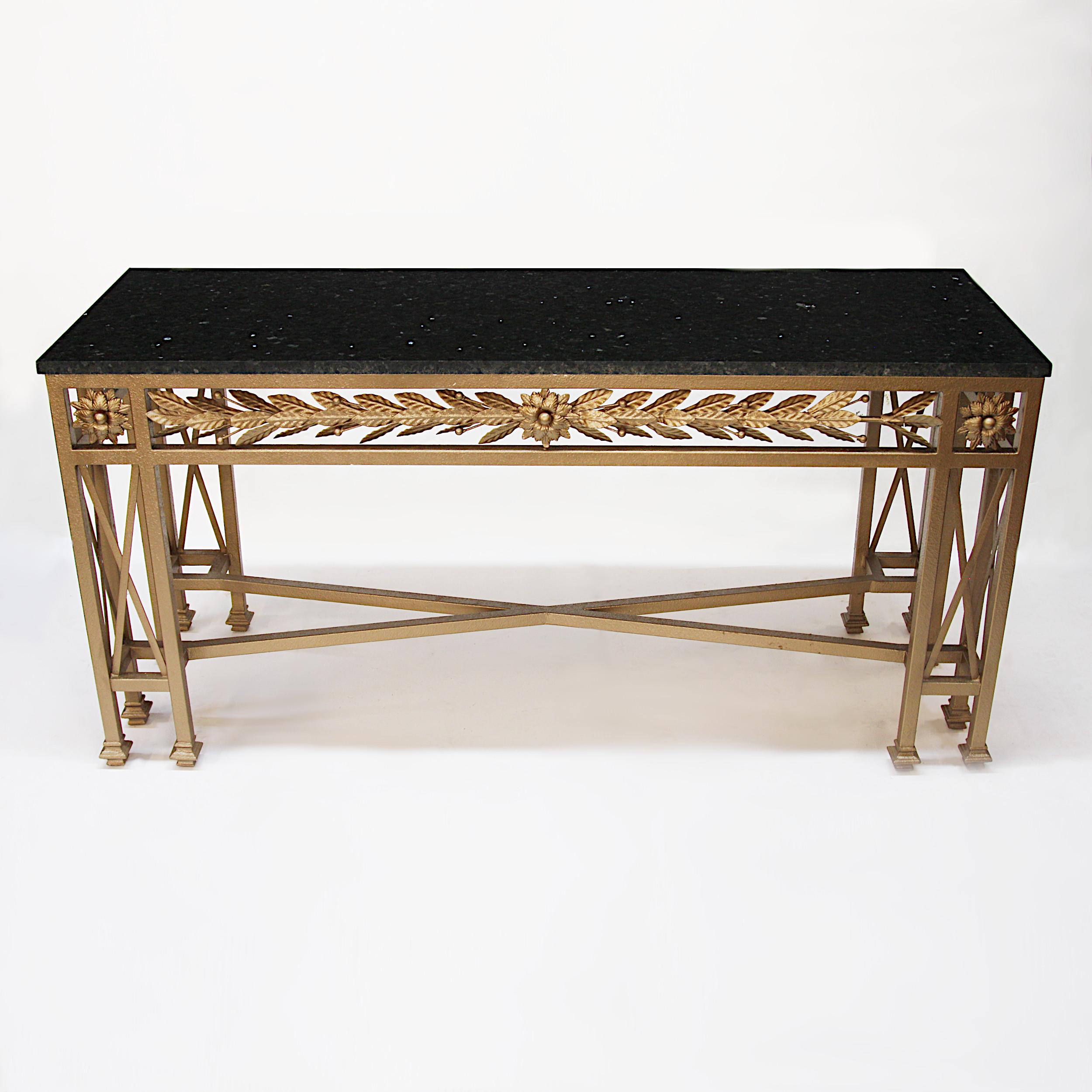 American Vintage Neoclassical Gilded Golden Wrought Iron Marble-Top Console Table