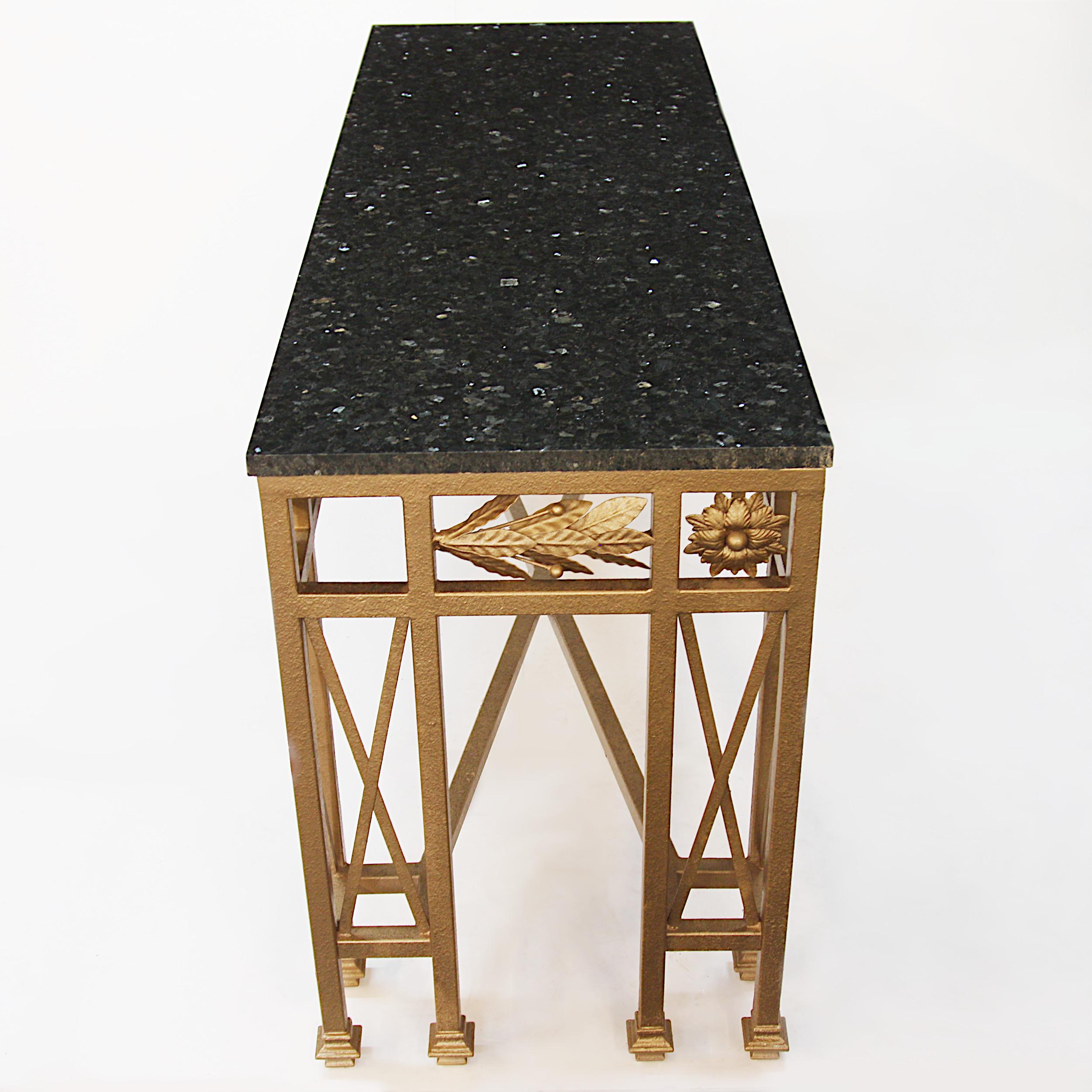Vintage Neoclassical Gilded Golden Wrought Iron Marble-Top Console Table In Good Condition In Lafayette, IN