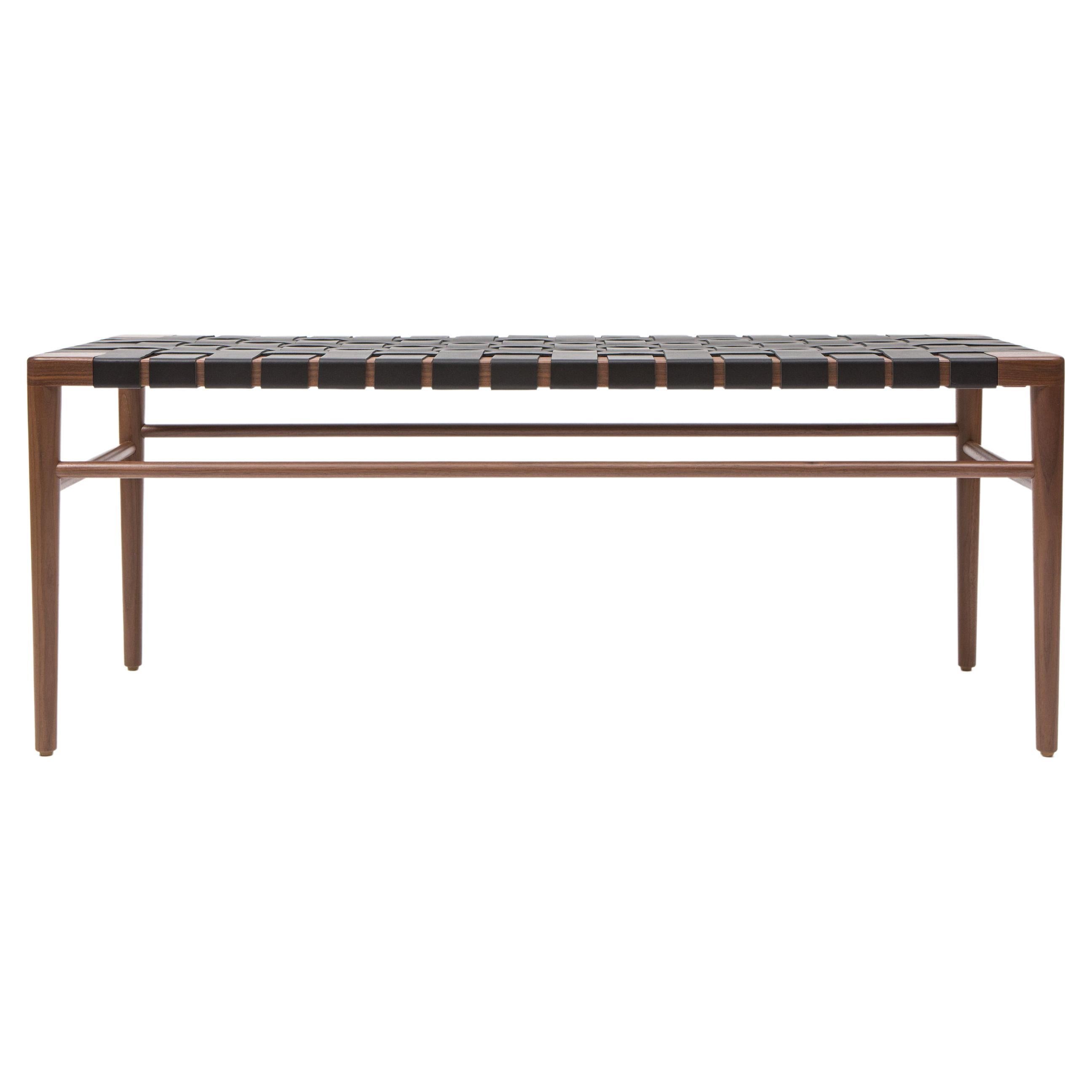 60" Woven Leather Bench in Walnut and Black Leather by Mel Smilow