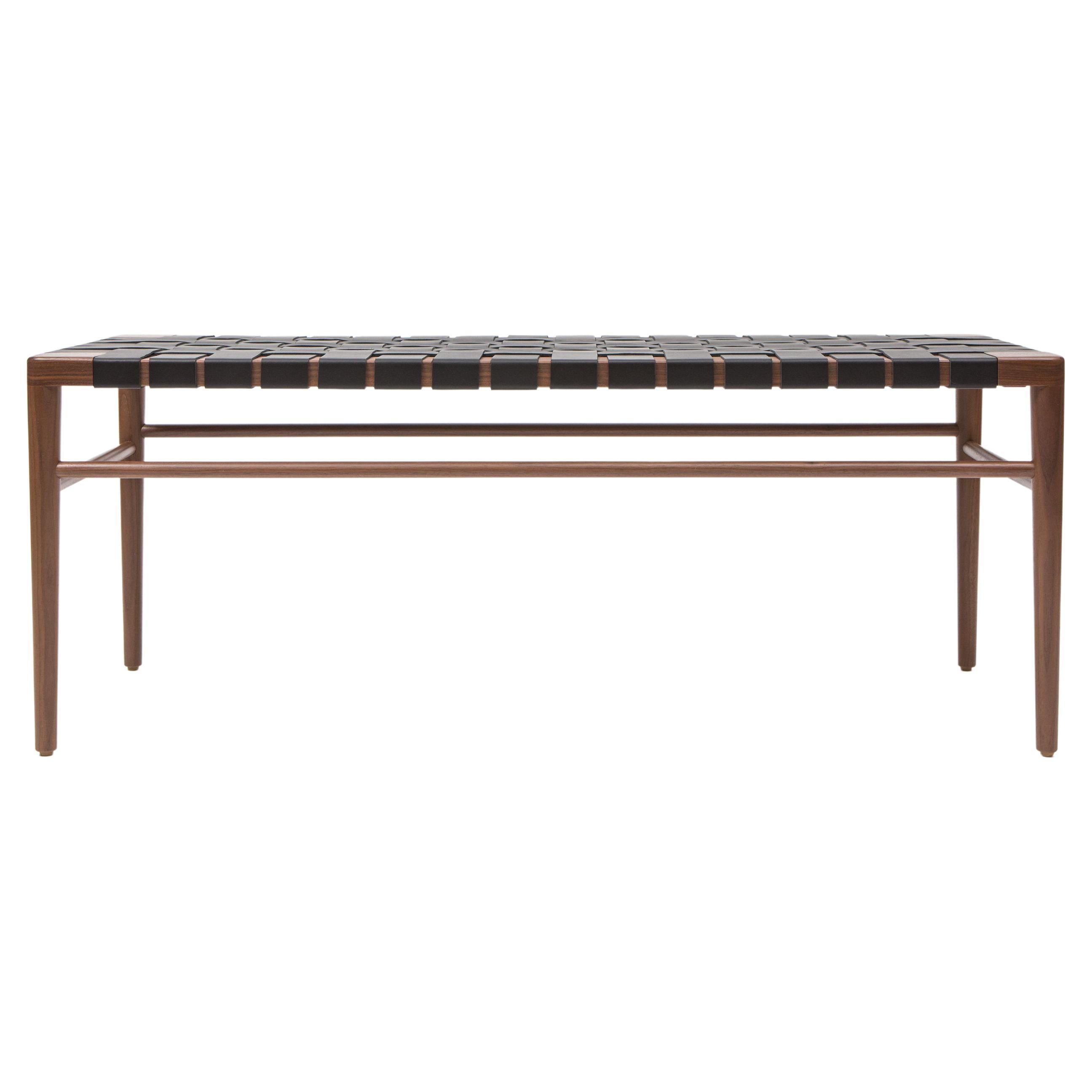 Banc en cuir tissé de 152,4 cm en noyer et cuir noir de Mel Smilow