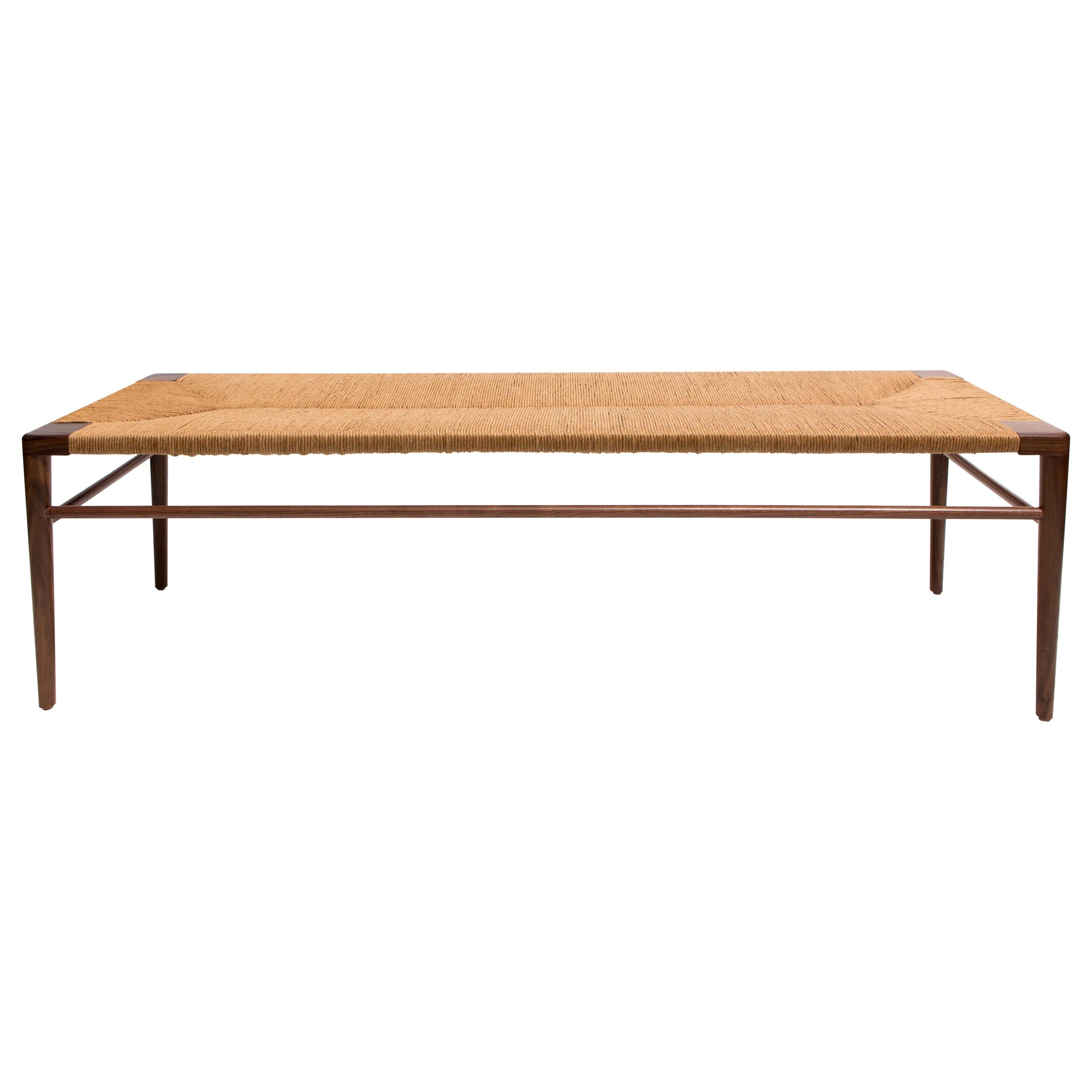 60" Woven Rush Bench in Walnut by Mel Smilow For Sale