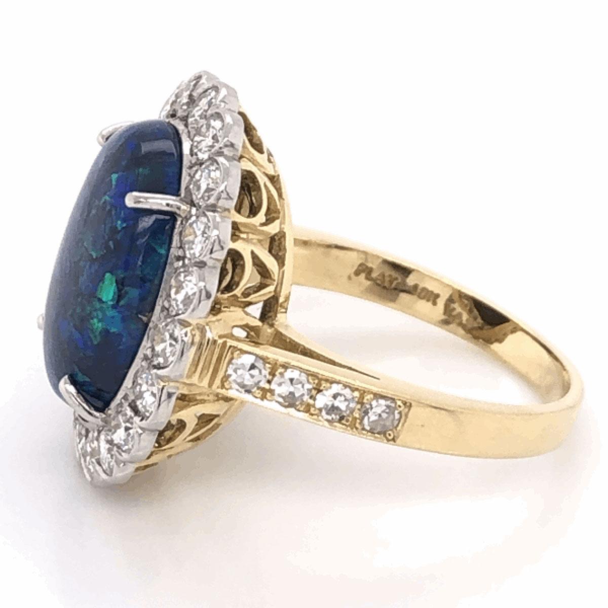 6.00 Carat Black Opal and Diamond Platinum Cocktail Ring Estate Fine Jewelry In Excellent Condition In Montreal, QC