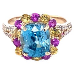 6.00 Carat Blue Zircon Sapphire Diamond 14 Karat Yellow Gold Ring
