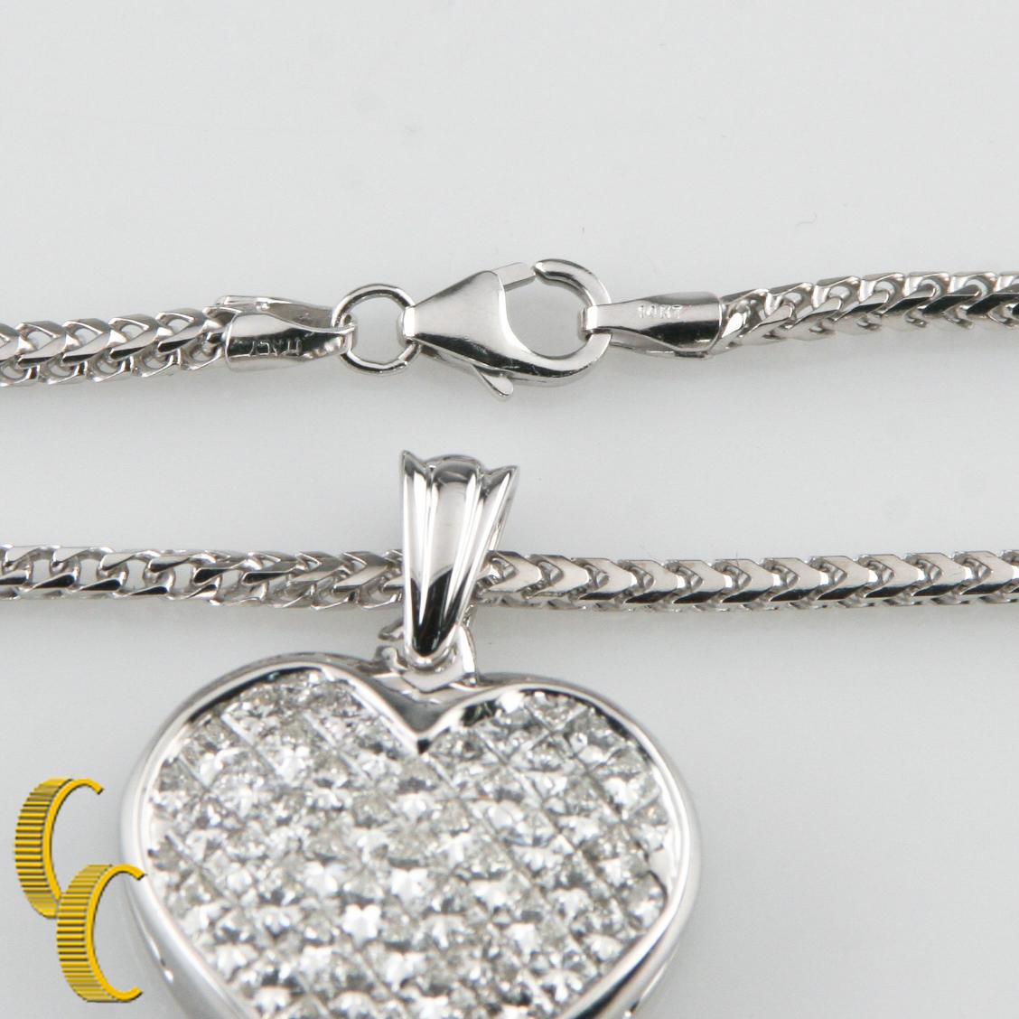 Princess Cut 6.00 Carat Diamond 18k White Gold Heart Pendant w/ 14k White Gold Franco Chain