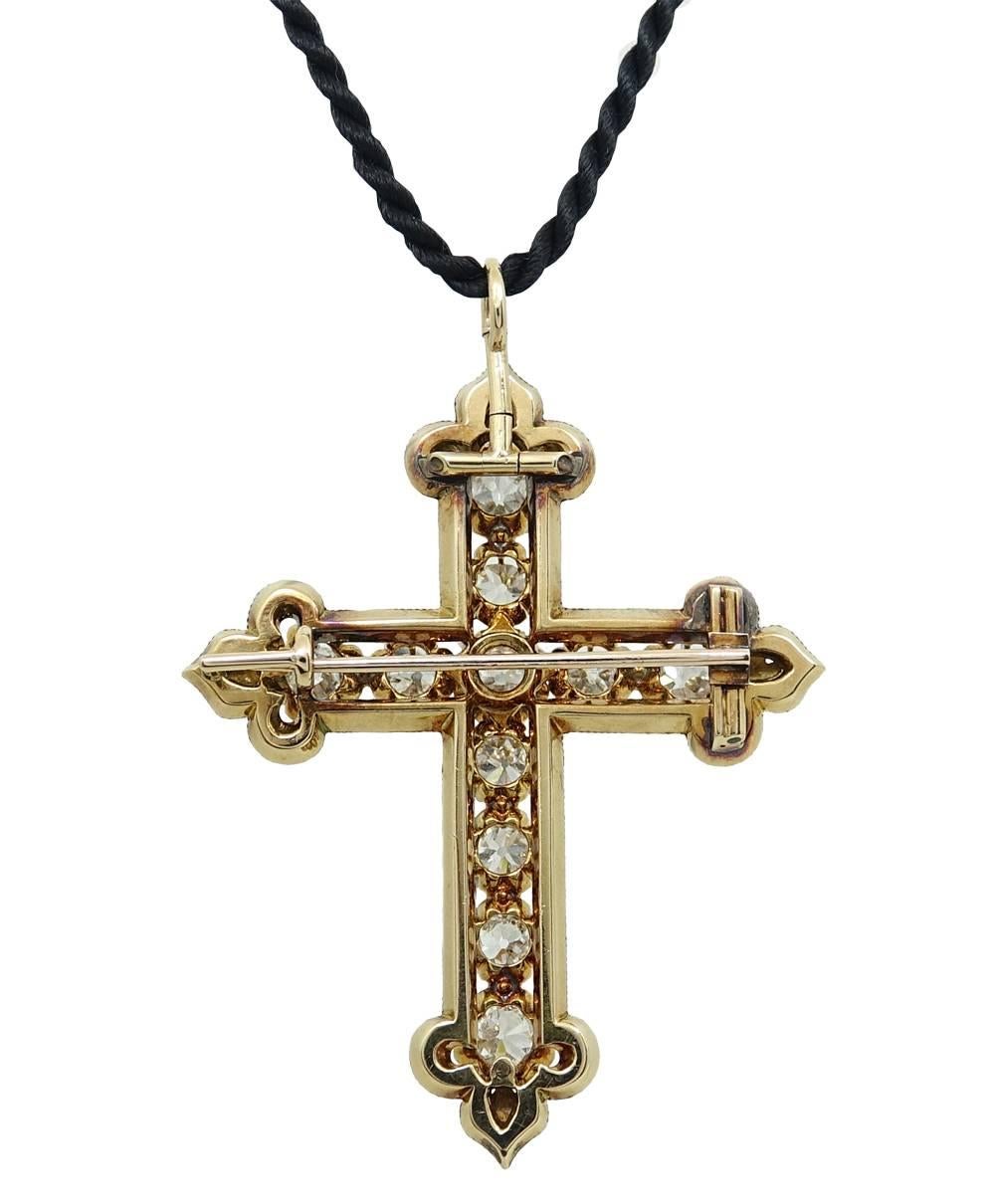 This Classic Style 18K Rose Gold and Black Enamel Cross Has A Total Of 11 Old Mine Cut Diamonds Weighing A Total Carat Weight Of 6.00 Carats. 