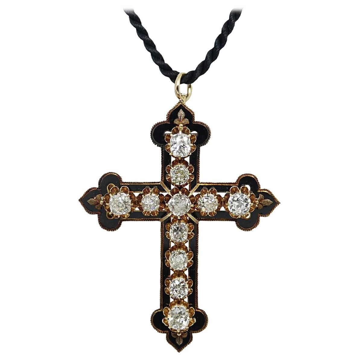 6.00 Carat Diamond Black Enamel and Rose Gold Cross Pendant For Sale