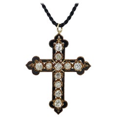 6.00 Carat Diamond Black Enamel and Rose Gold Cross Pendant