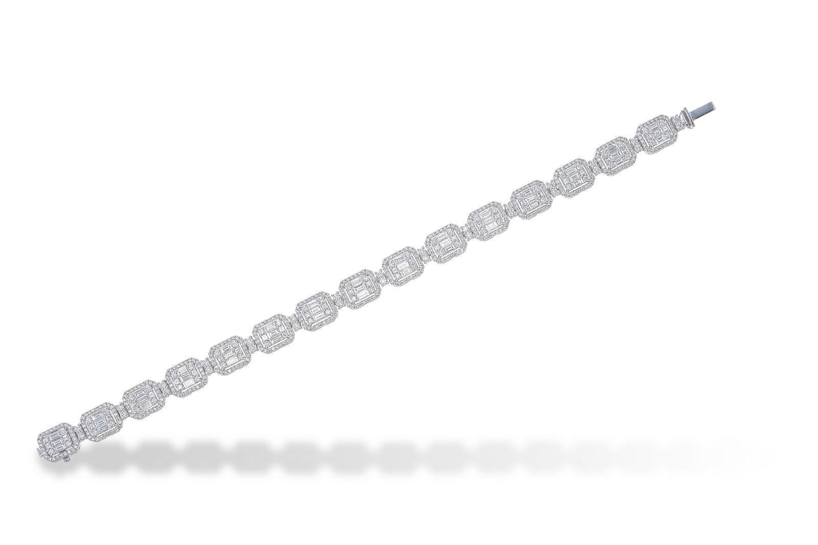 6 Karat 18 Karat Weißgold Diamant-Tennisarmband mit Baguetteschliff und runden Diamanten (Brillantschliff) im Angebot