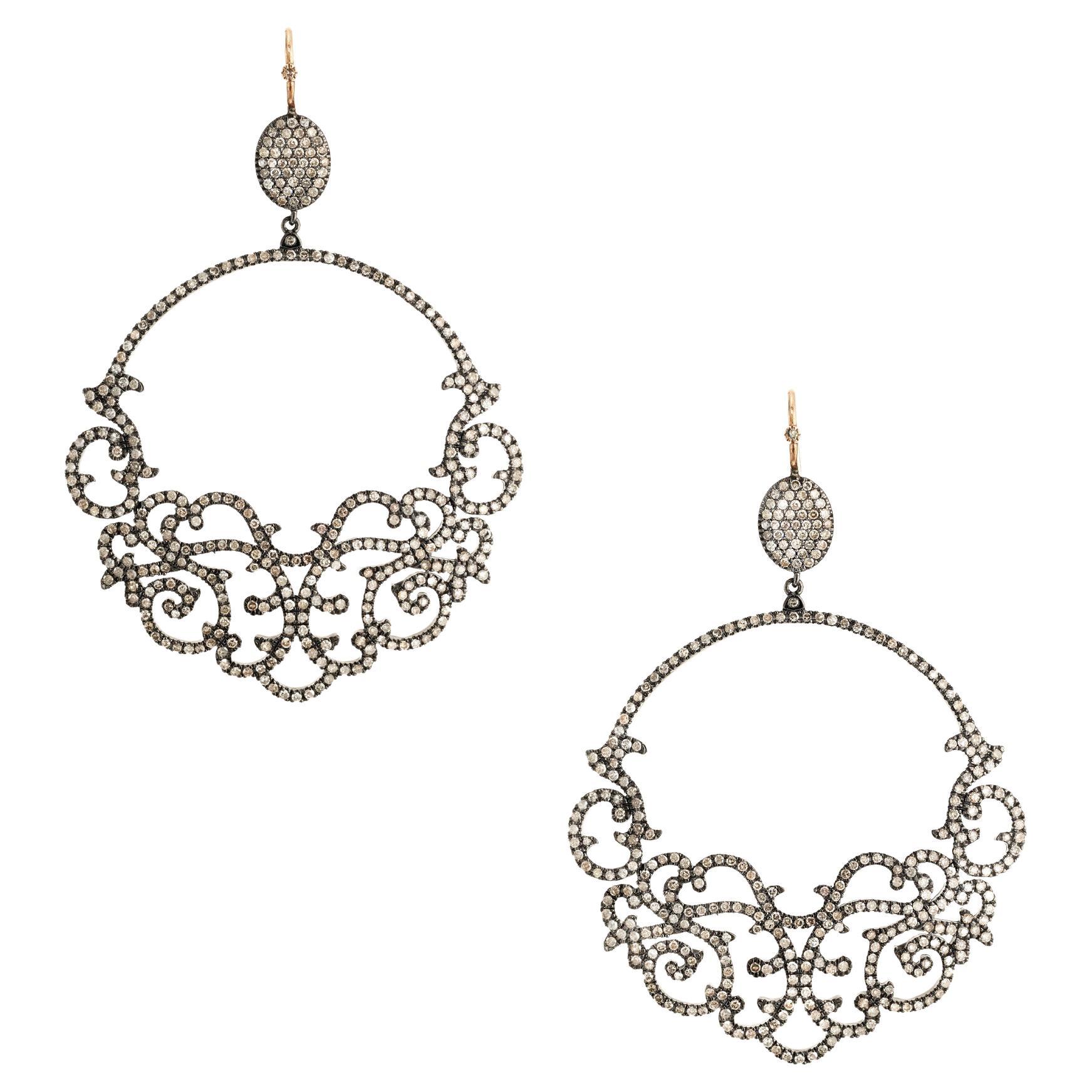 Boucles d'oreilles chandelier en argent et or rose avec diamants de 6,00 carats
