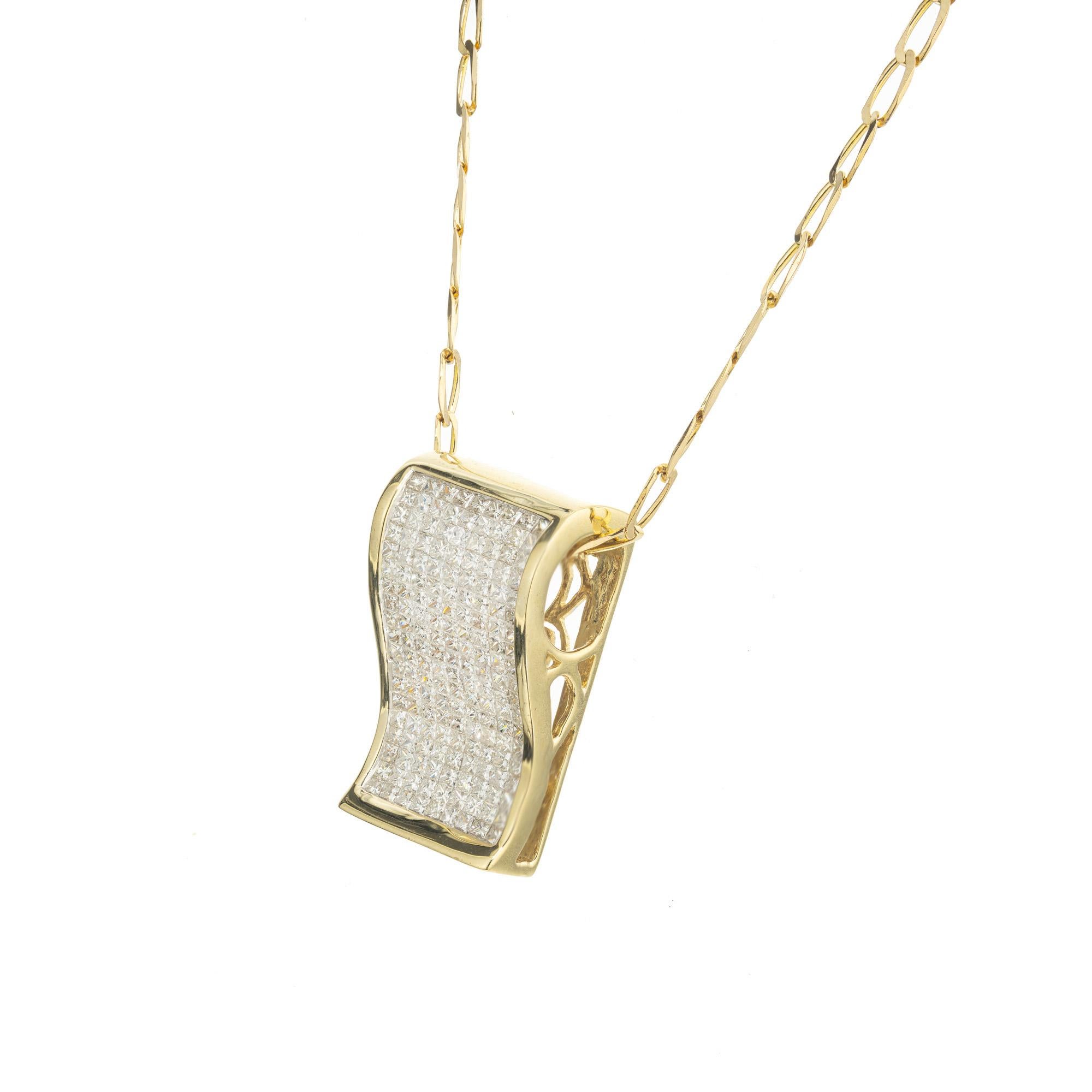 Incredible Princess cut invisible set 14k solid bold pendant slide. Very bright sparkly F to G color SI diamonds. Curved ski jump design. Excellent condition. Looks beautiful on a cord, chain or collar. This is a nice one. 

171 Princess cut