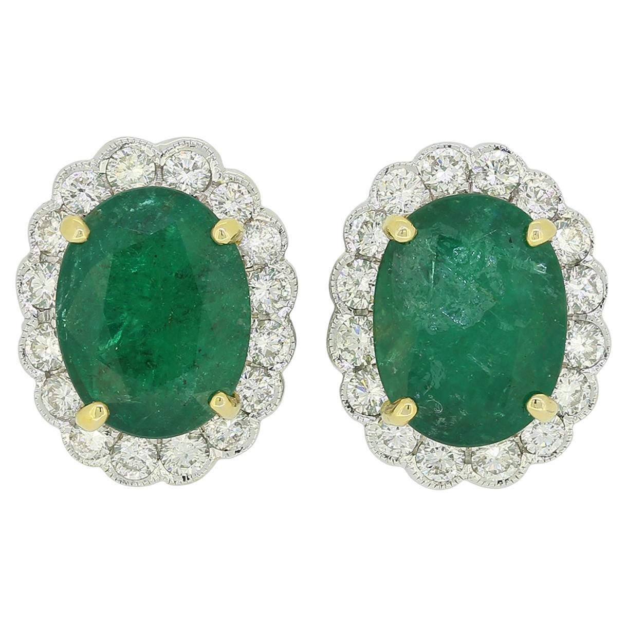 6.00 Carat Emerald and Diamond Cluster Stud Earrings