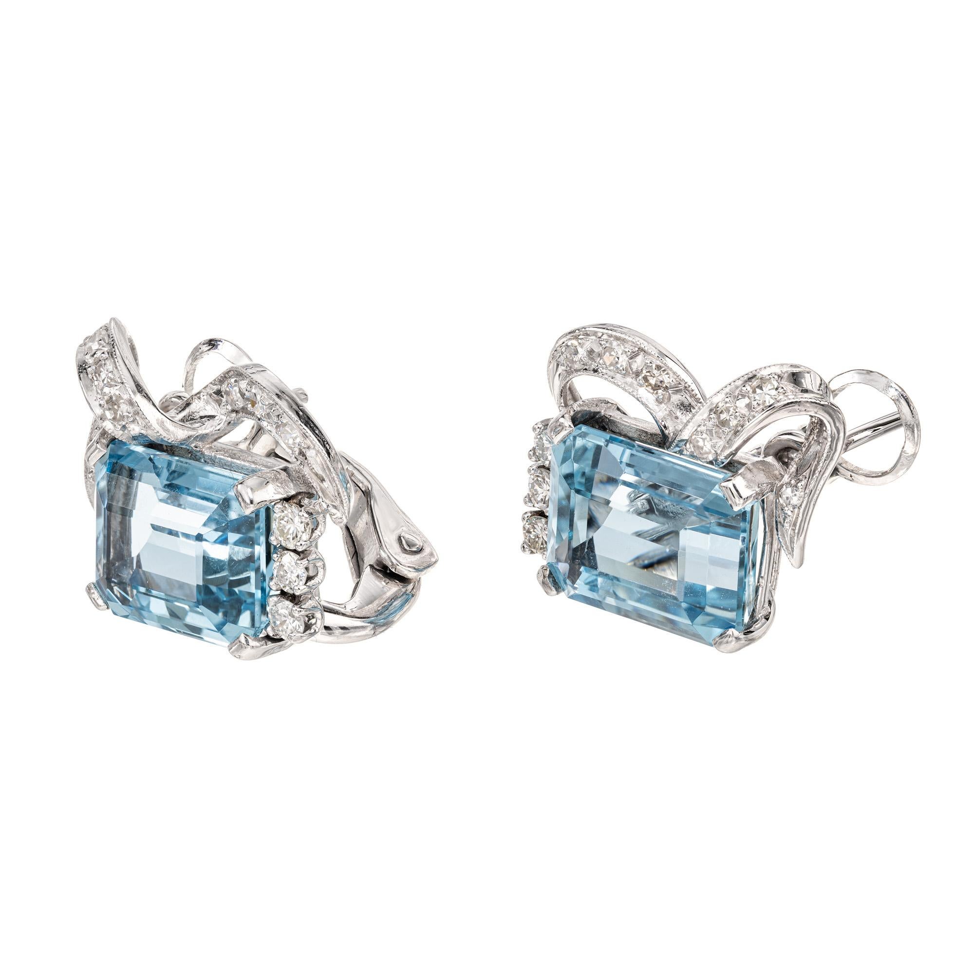 6,00 Karat Aquamarin im Smaragdschliff Diamant Weißgold Clip-Post-Ohrringe im Zustand „Gut“ im Angebot in Stamford, CT