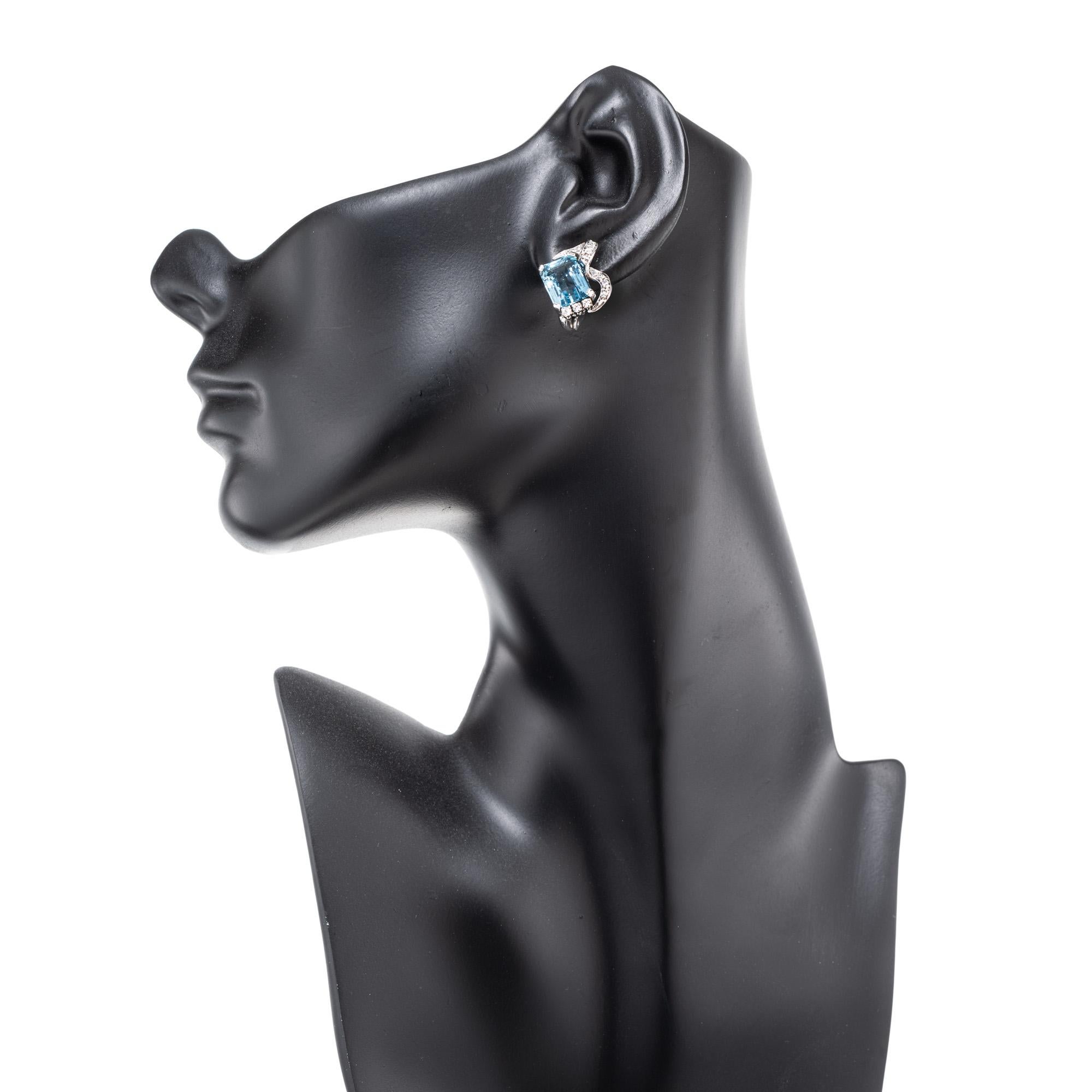 6,00 Karat Aquamarin im Smaragdschliff Diamant Weißgold Clip-Post-Ohrringe im Angebot 1