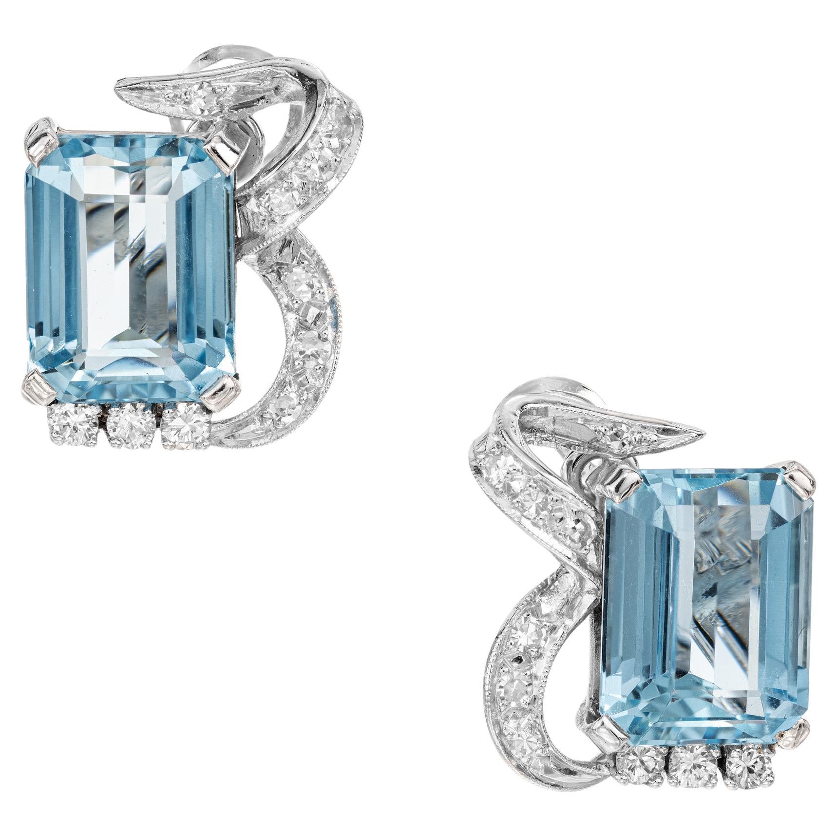 6.00 Carat Emerald Cut Aquamarine Diamond White Gold Clip Post Earrings