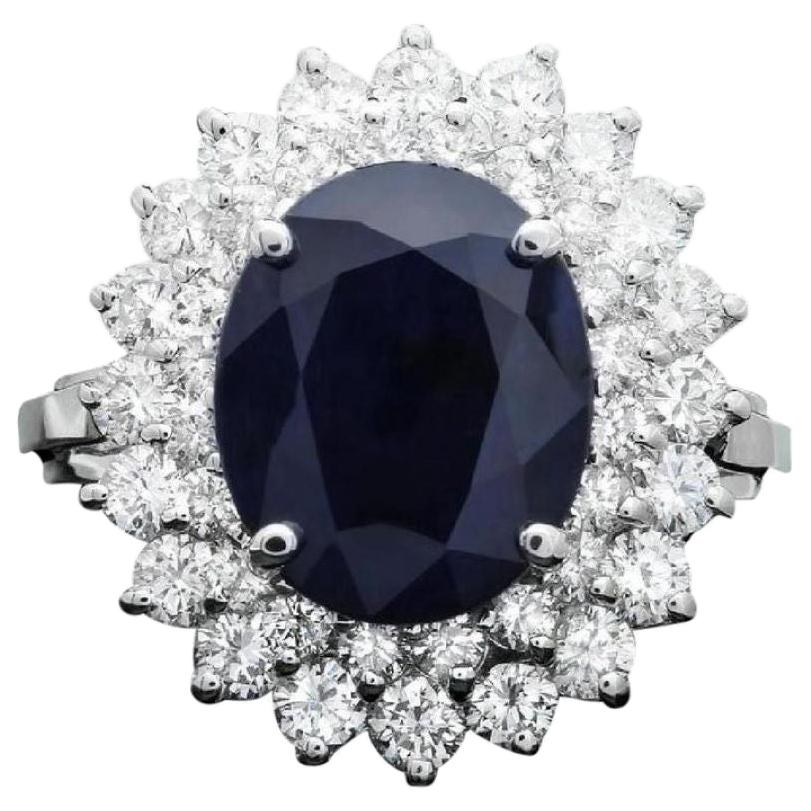 6.00 Carat Exquisite Natural Blue Sapphire and Diamond 14 Karat Solid White Gold For Sale