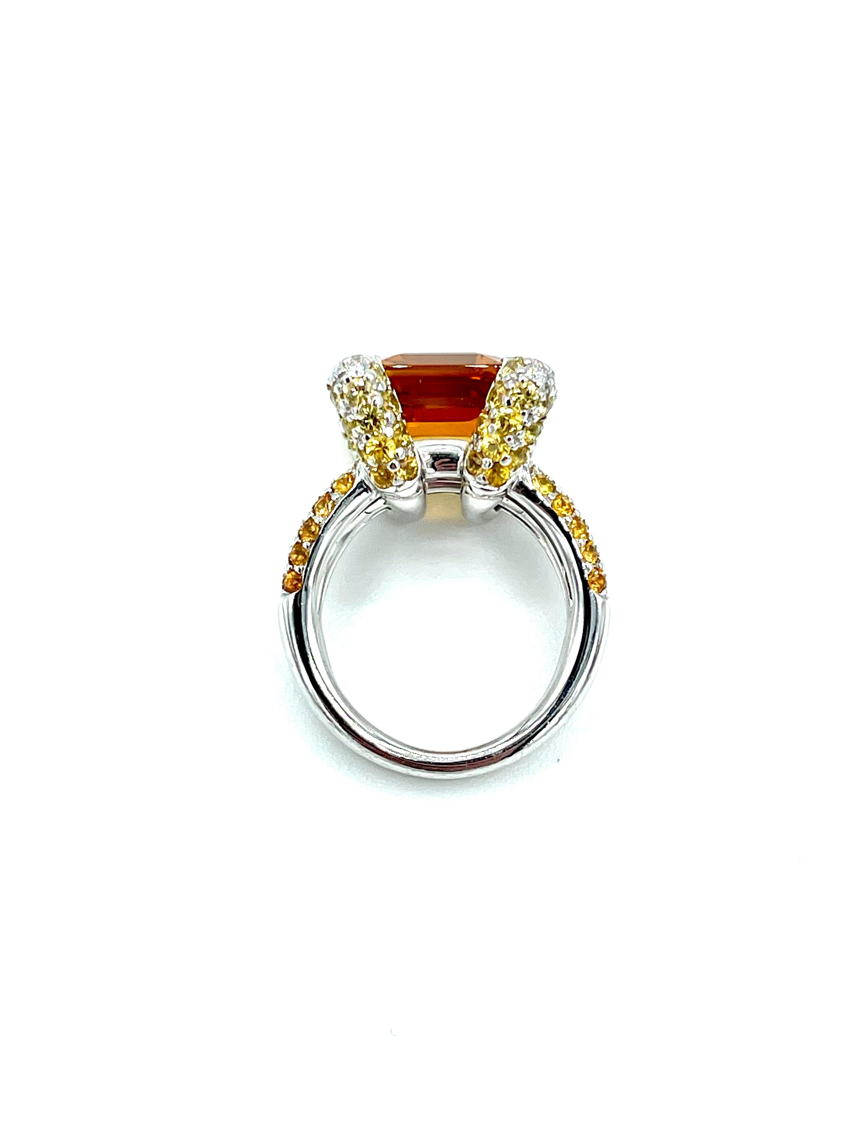 Emerald Cut 6.00 Carat Madeira Citrine in a Pave Diamond and Citrine White Gold Ring For Sale