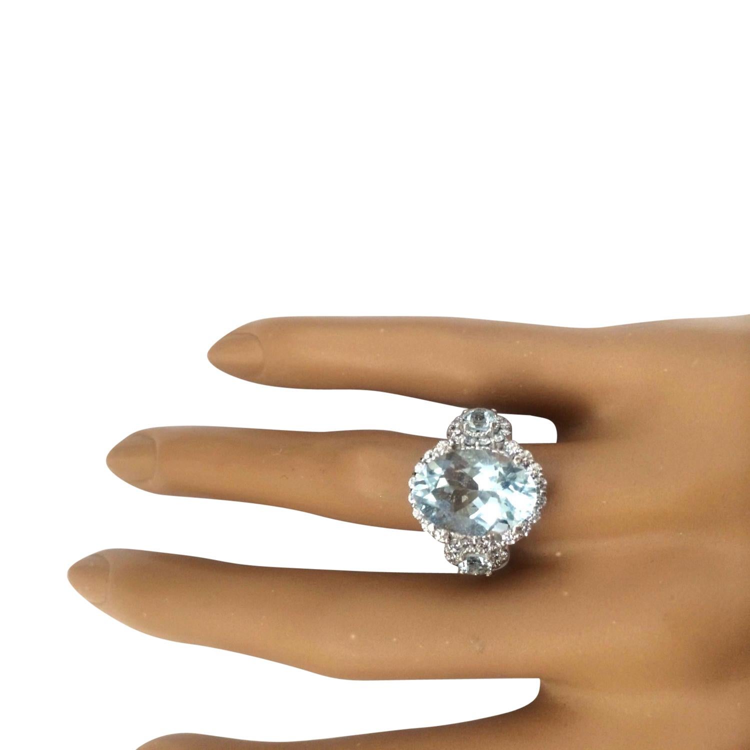 Women's Aquamarine Diamond Ring In 14 Karat Solid White Gold For Sale