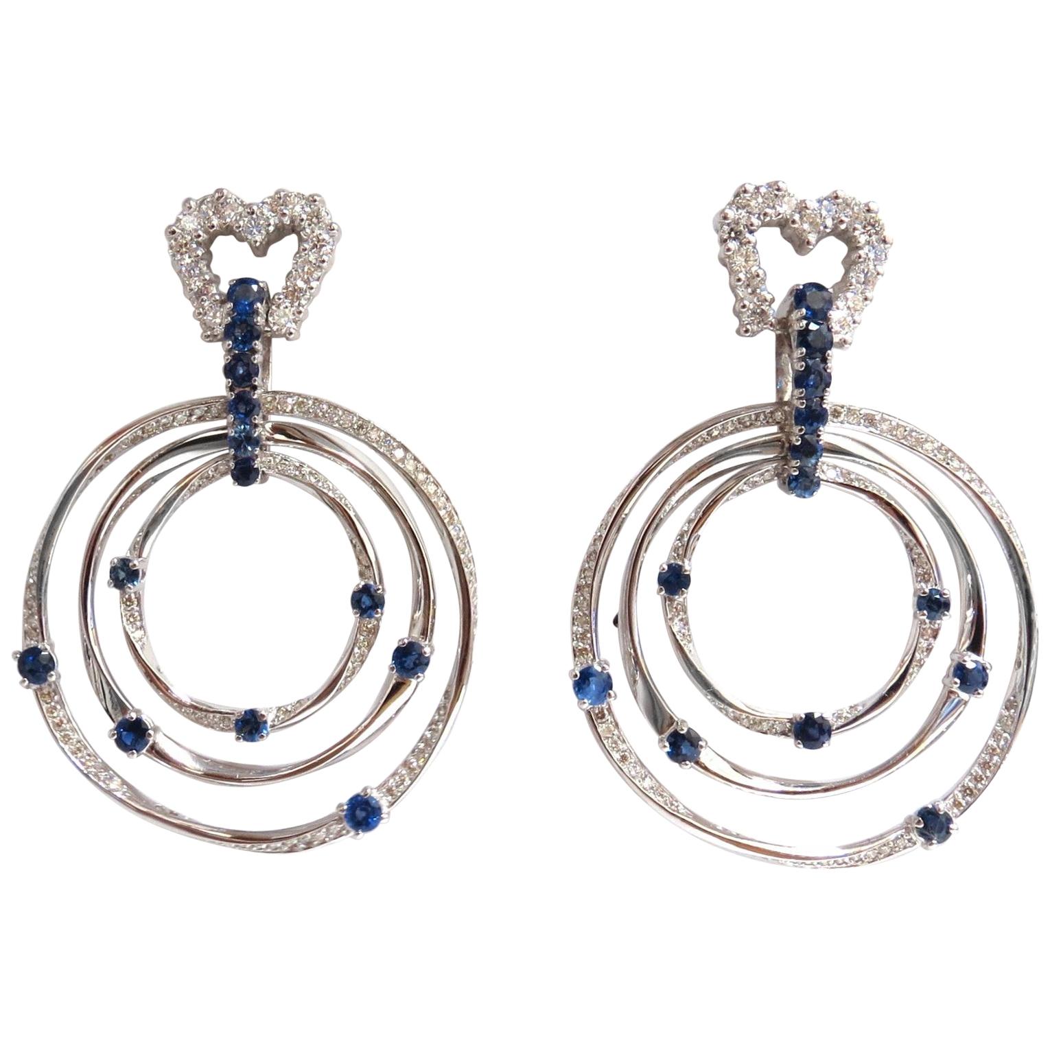 6.00 Carat Natural Diamonds Sapphire Three-Tier Dangle Earrings 14 Karat Heart
