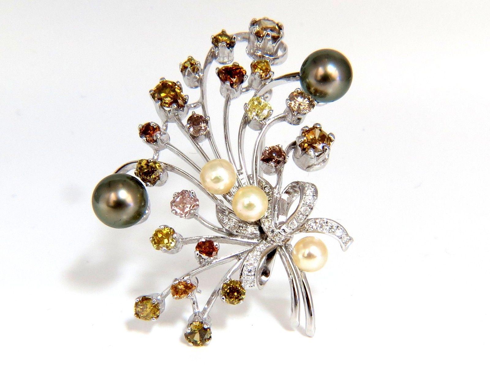 Women's or Men's 6.00 Carat Natural Fancy Color Yellow Orange Brown Pink Diamond Brooch and Pearl For Sale