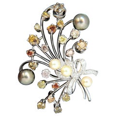 6.00 Carat Natural Fancy Color Yellow Orange Brown Pink Diamond Brooch and Pearl