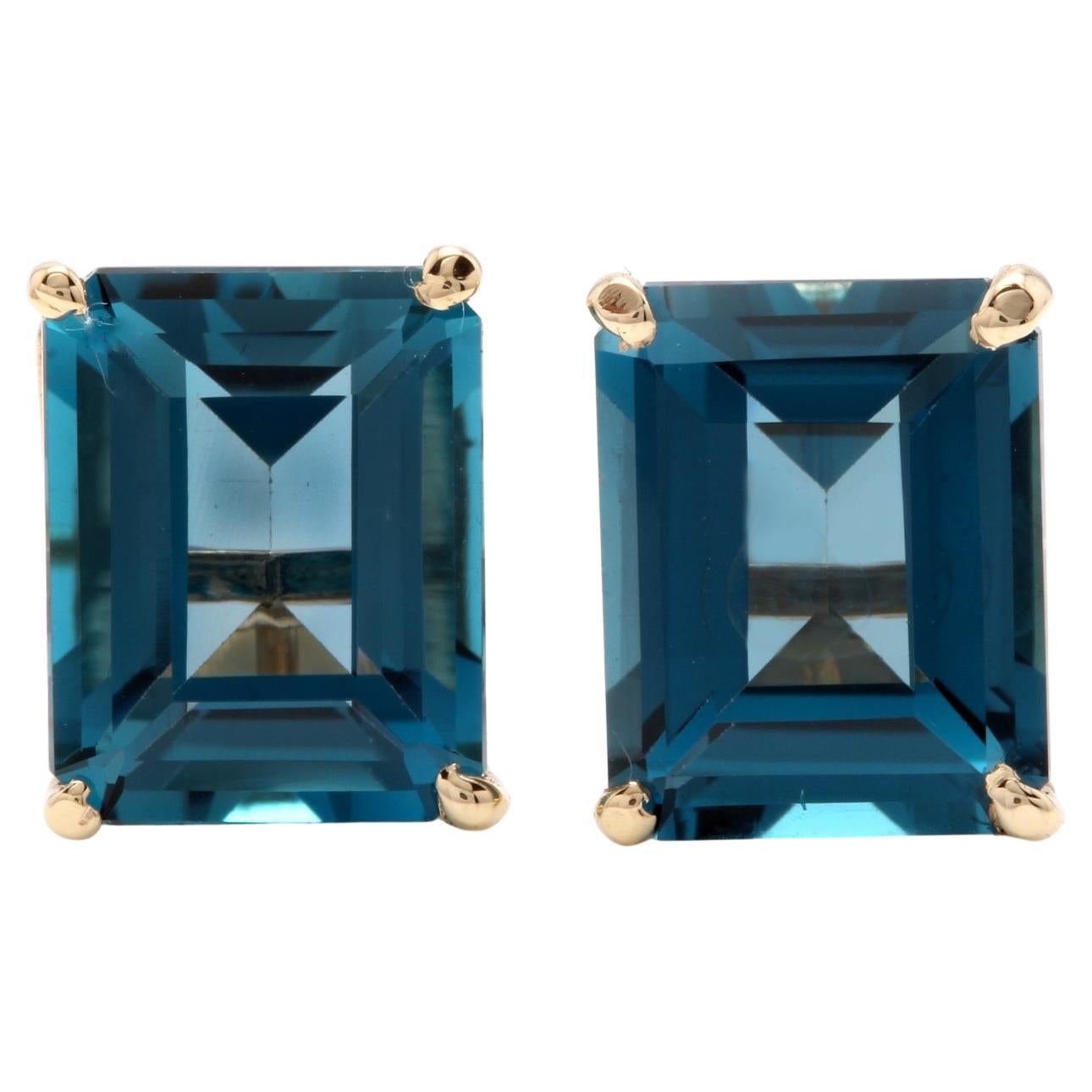 6.00 Carat Natural London Blue Topaz 14K Solid Yellow Gold Earrings