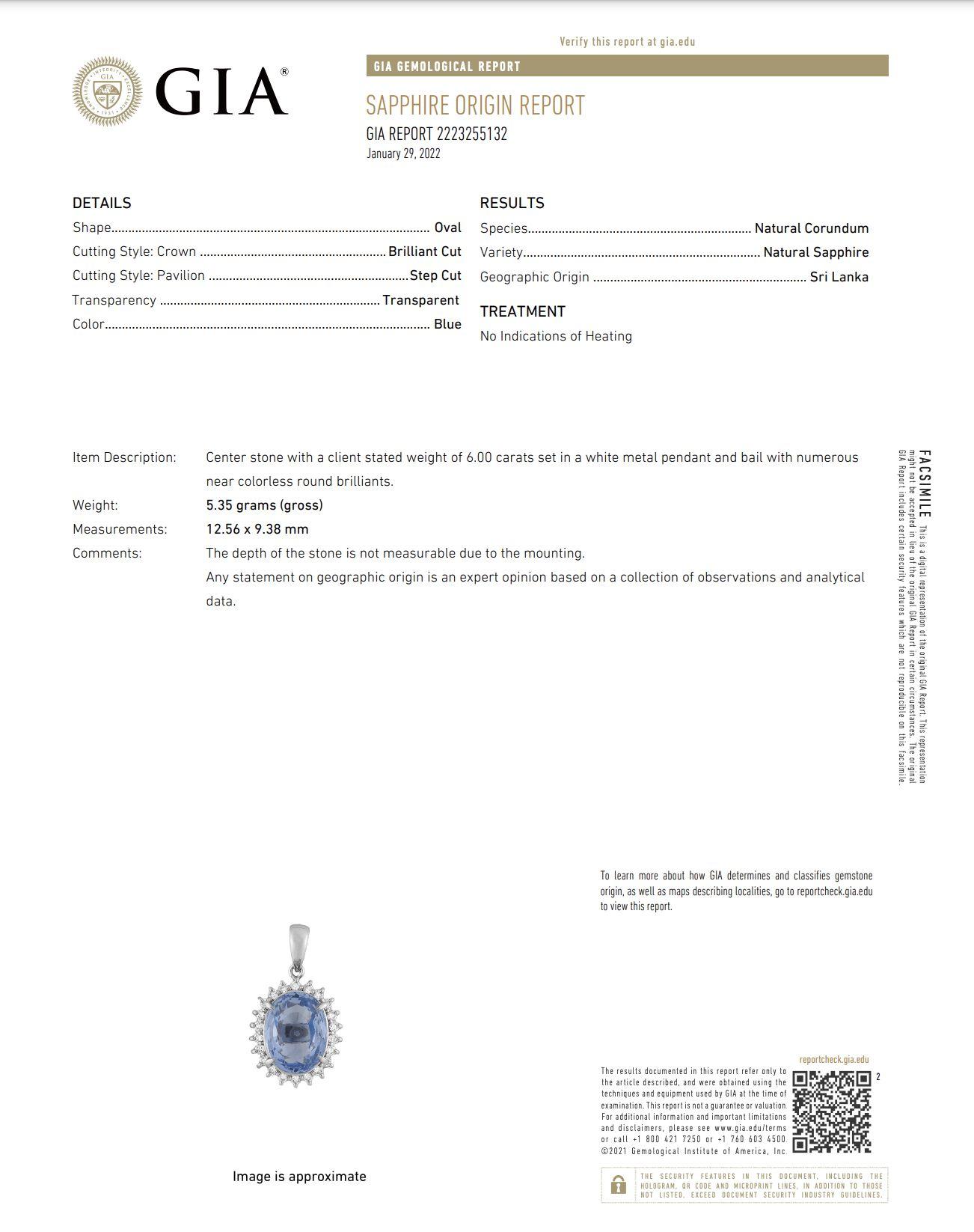 6.00 Carat Oval No Heat Sapphire GIA and Diamond Platinum Pendant Necklace In Excellent Condition For Sale In Montreal, QC