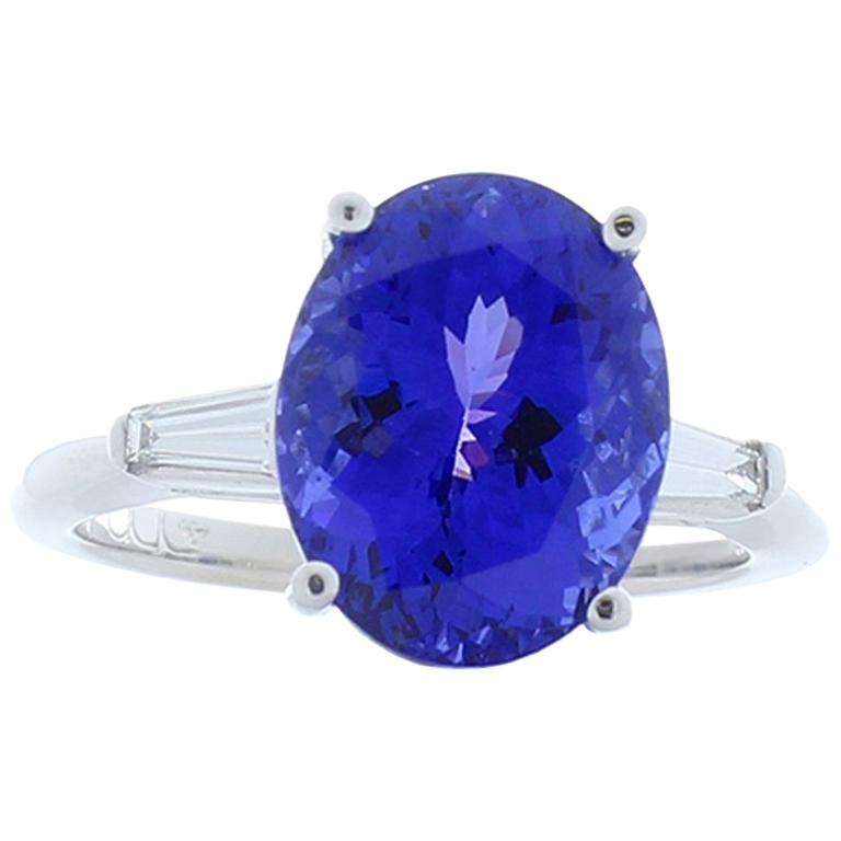 6.00 Carat Oval Tanzanite and Tapered Baguette Diamond White Gold Cocktail Ring