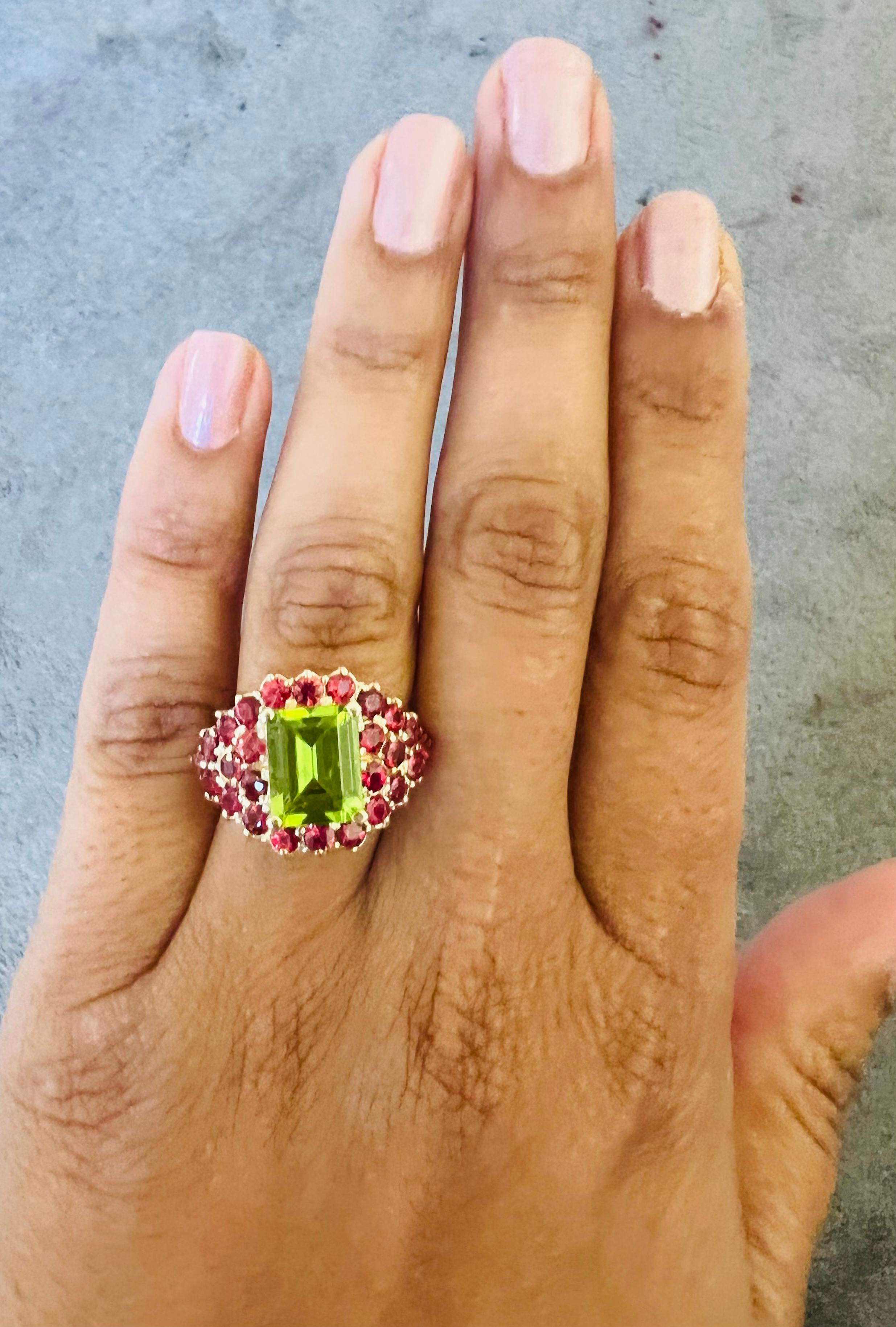 Emerald Cut 6.00 Carat Peridot Red Sapphire Cocktail Ring For Sale