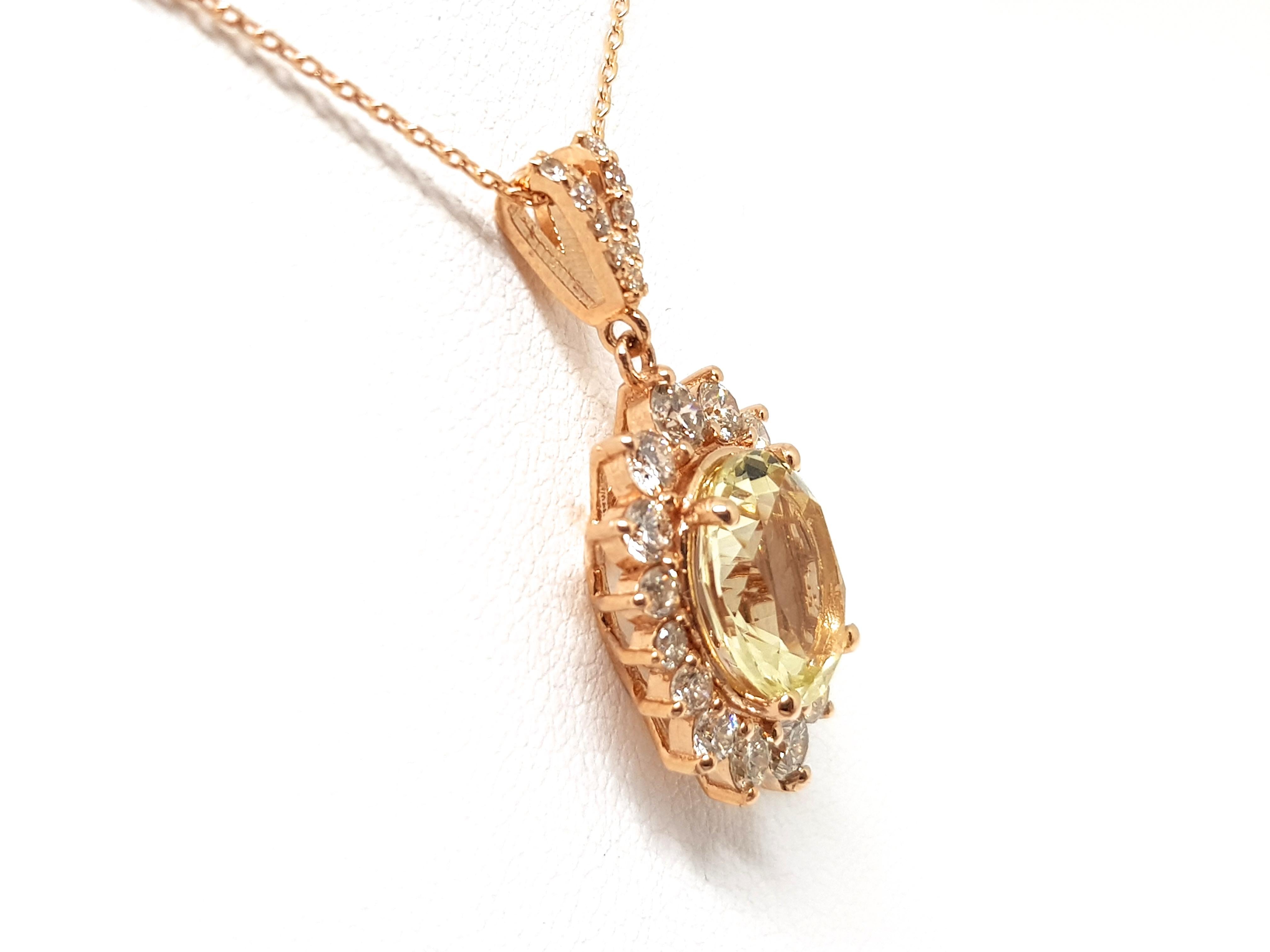 6.00 Carat Rose Gold Necklace Diamond Golden Beryl Pendant For Sale 1