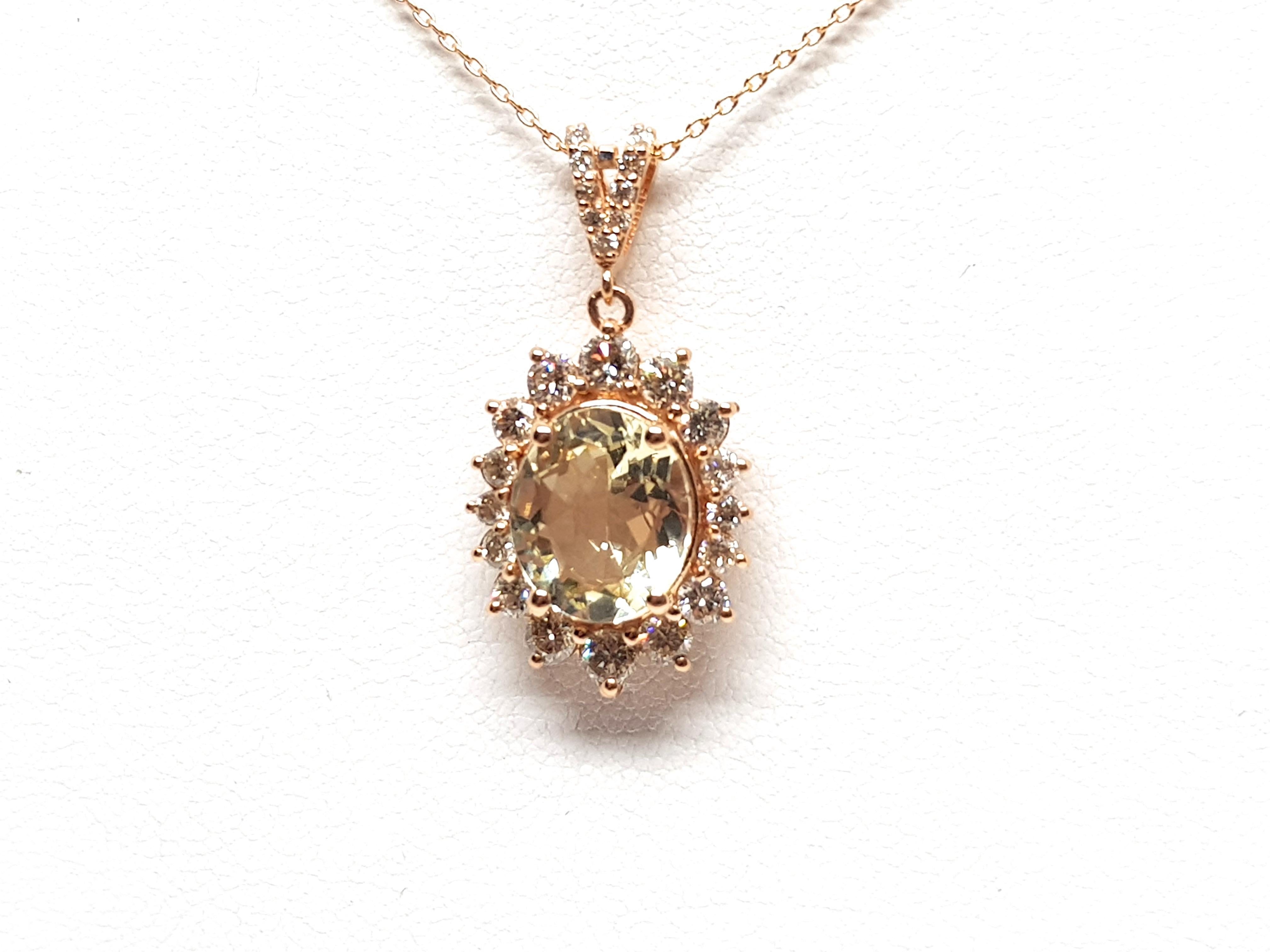 6.00 Carat Rose Gold Necklace Diamond Golden Beryl Pendant For Sale 2