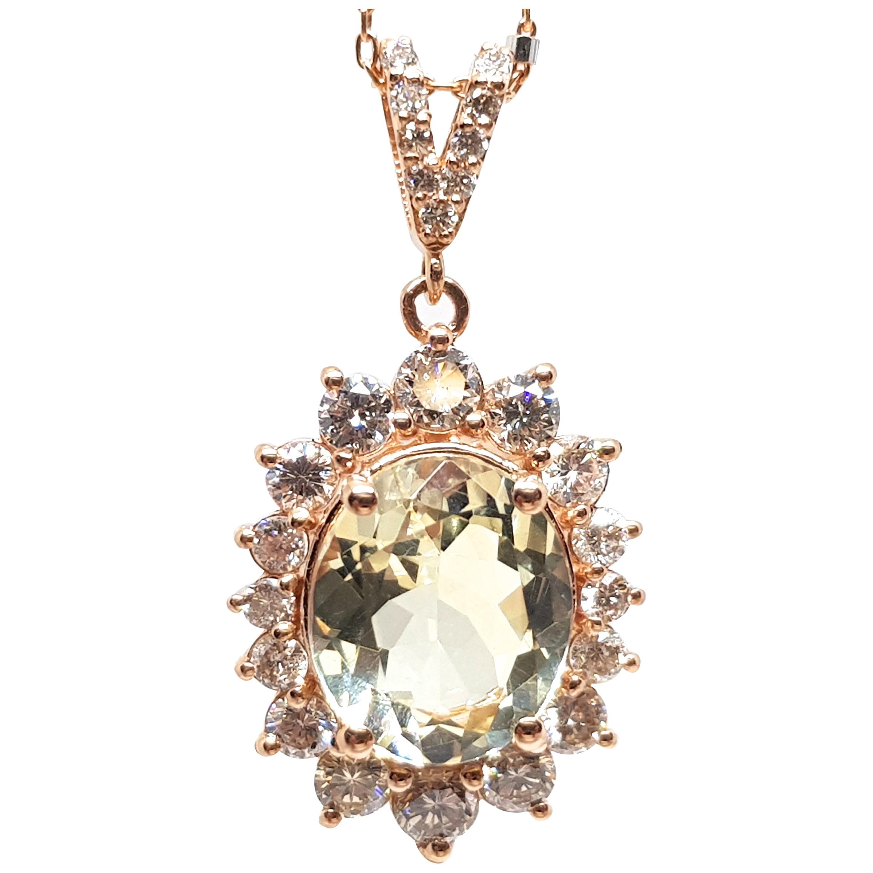 6.00 Carat Rose Gold Necklace Diamond Golden Beryl Pendant For Sale