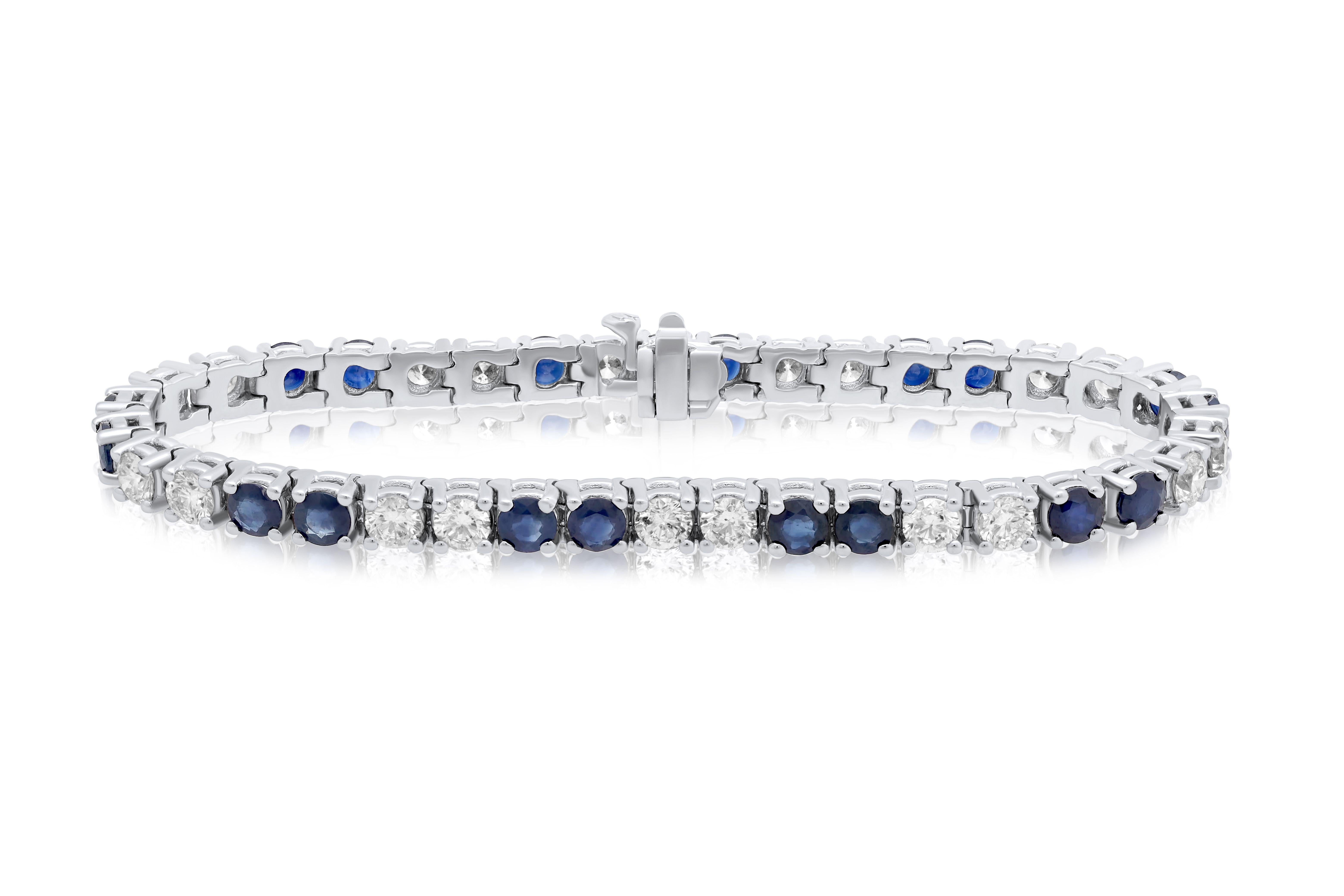 Diamond and sapphire bracelet alternating between 2 round diamonds and 2 round sapphires